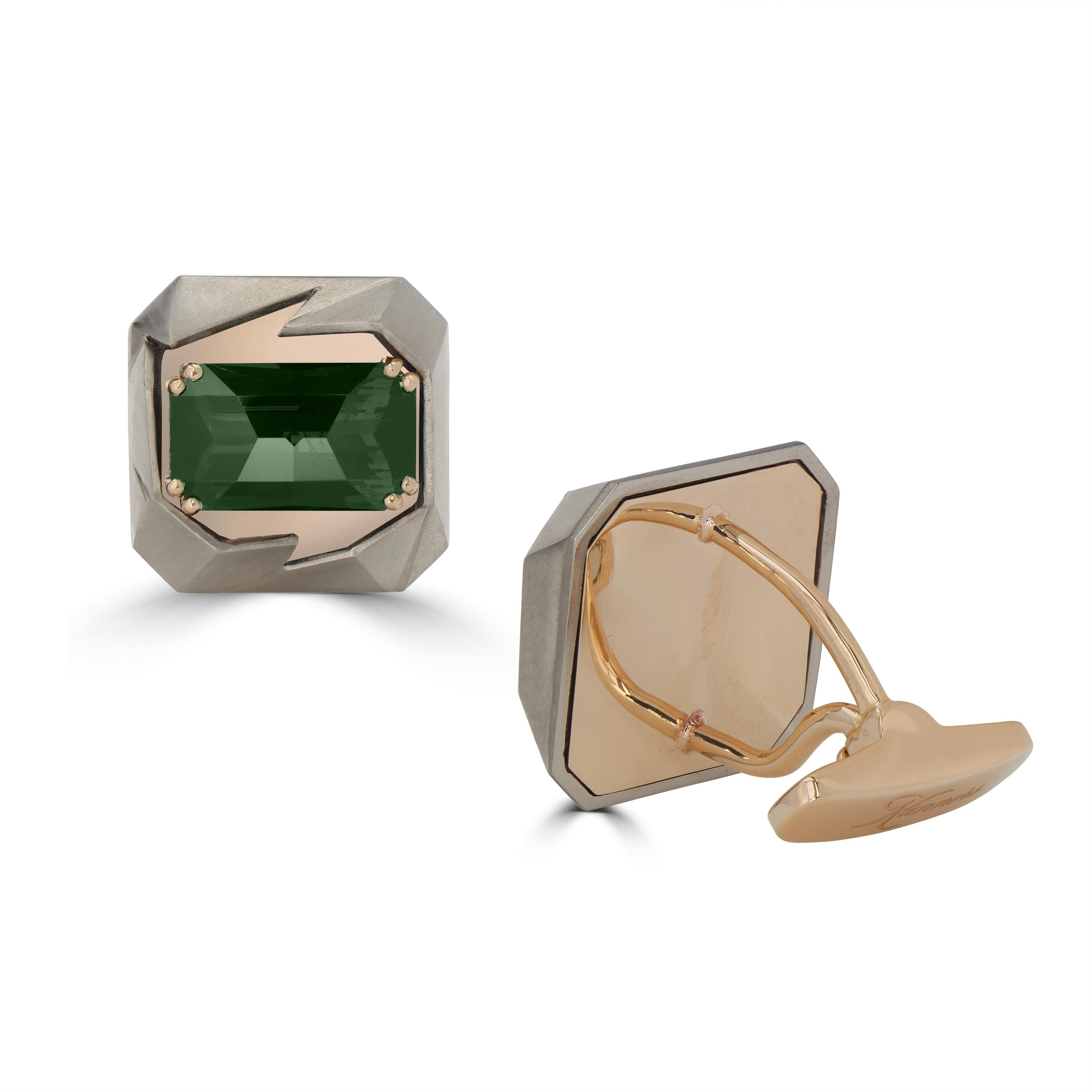 Women's or Men's Michael Kanners Precision Cut Green Tourmaline Titanium Rose Gold Cufflinks For Sale