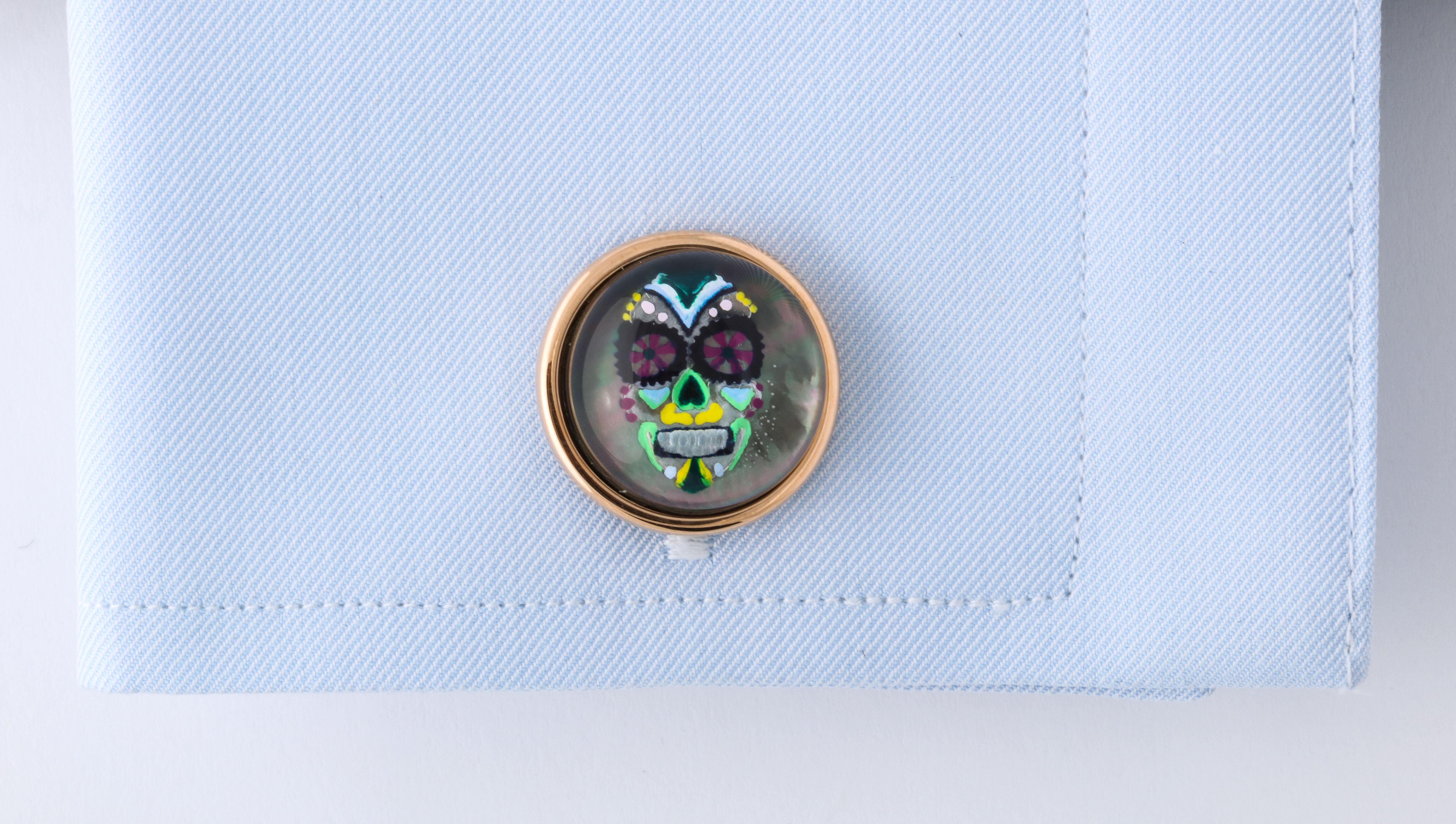 Modern Michael Kanners Reverse Enamel Rock Crystal Rose Gold Mask Cufflinks