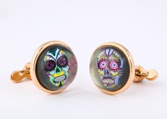 Michael Kanners Reverse Enamel Rock Crystal Rose Gold Skull Mask Cufflinks