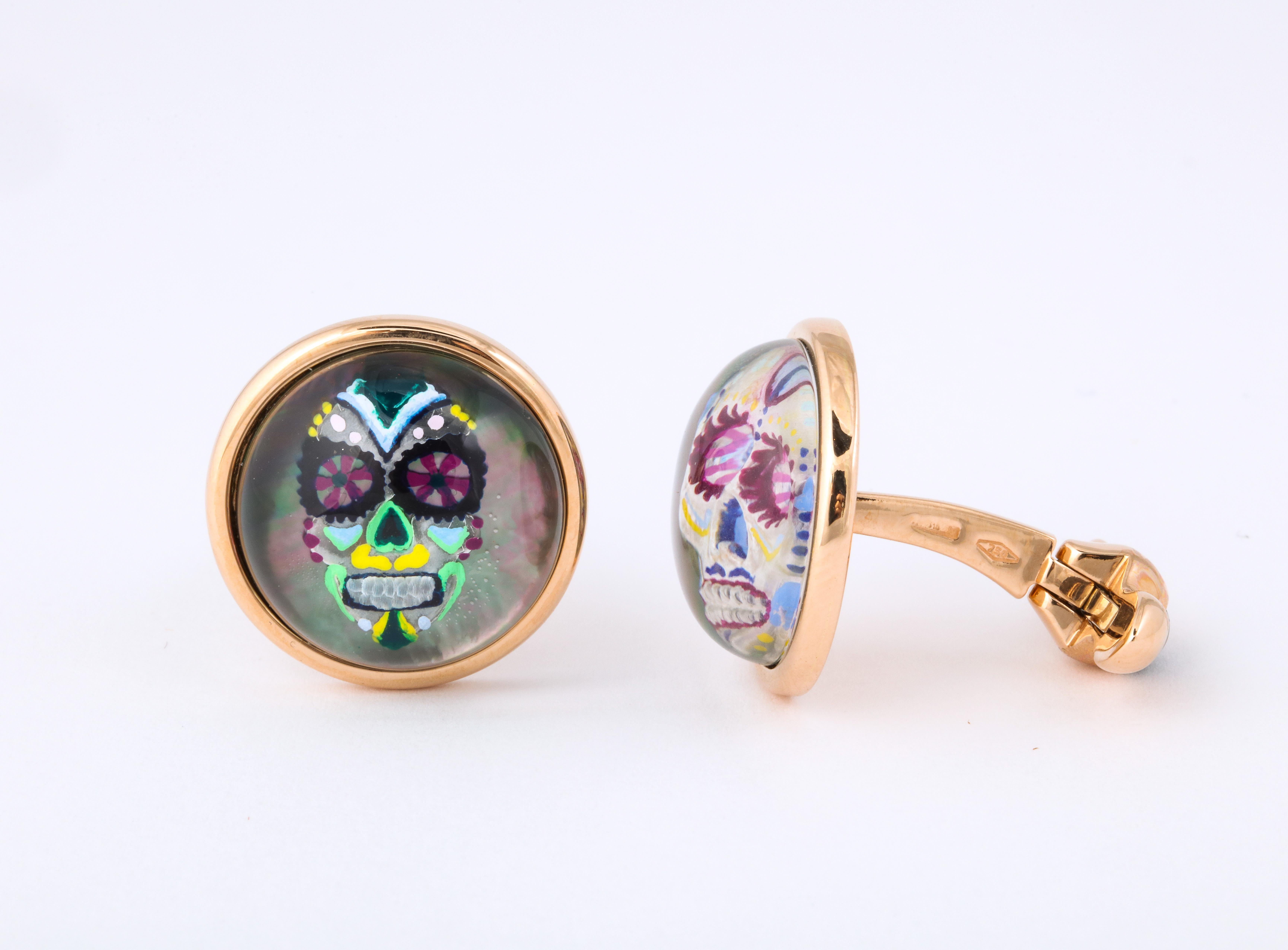Michael Kanners Rose Gold Rock Crystal Enamel Skull Cufflinks In New Condition In Bal Harbour, FL