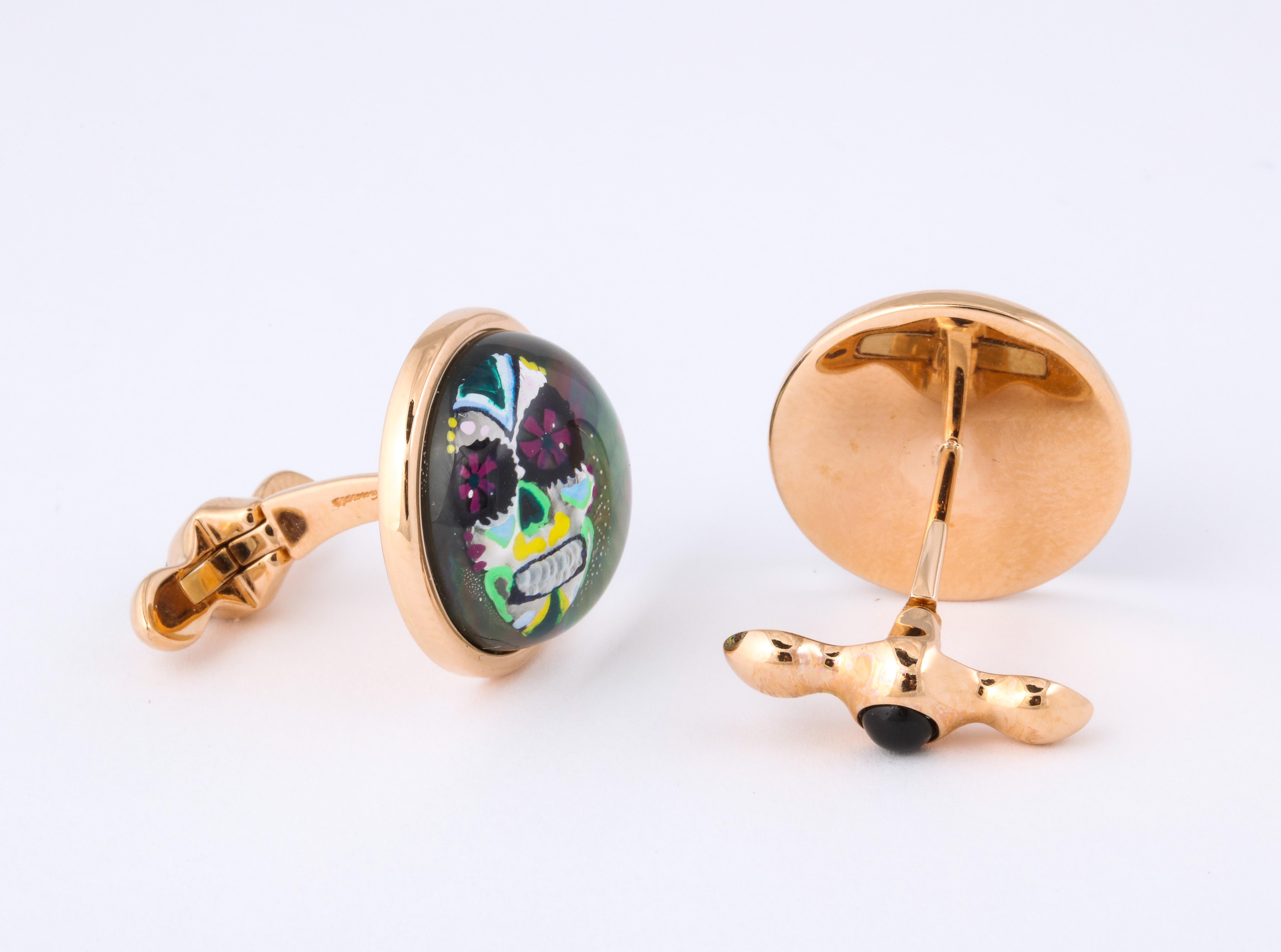 Michael Kanners Rose Gold Rock Crystal Enamel Skull Cufflinks 3