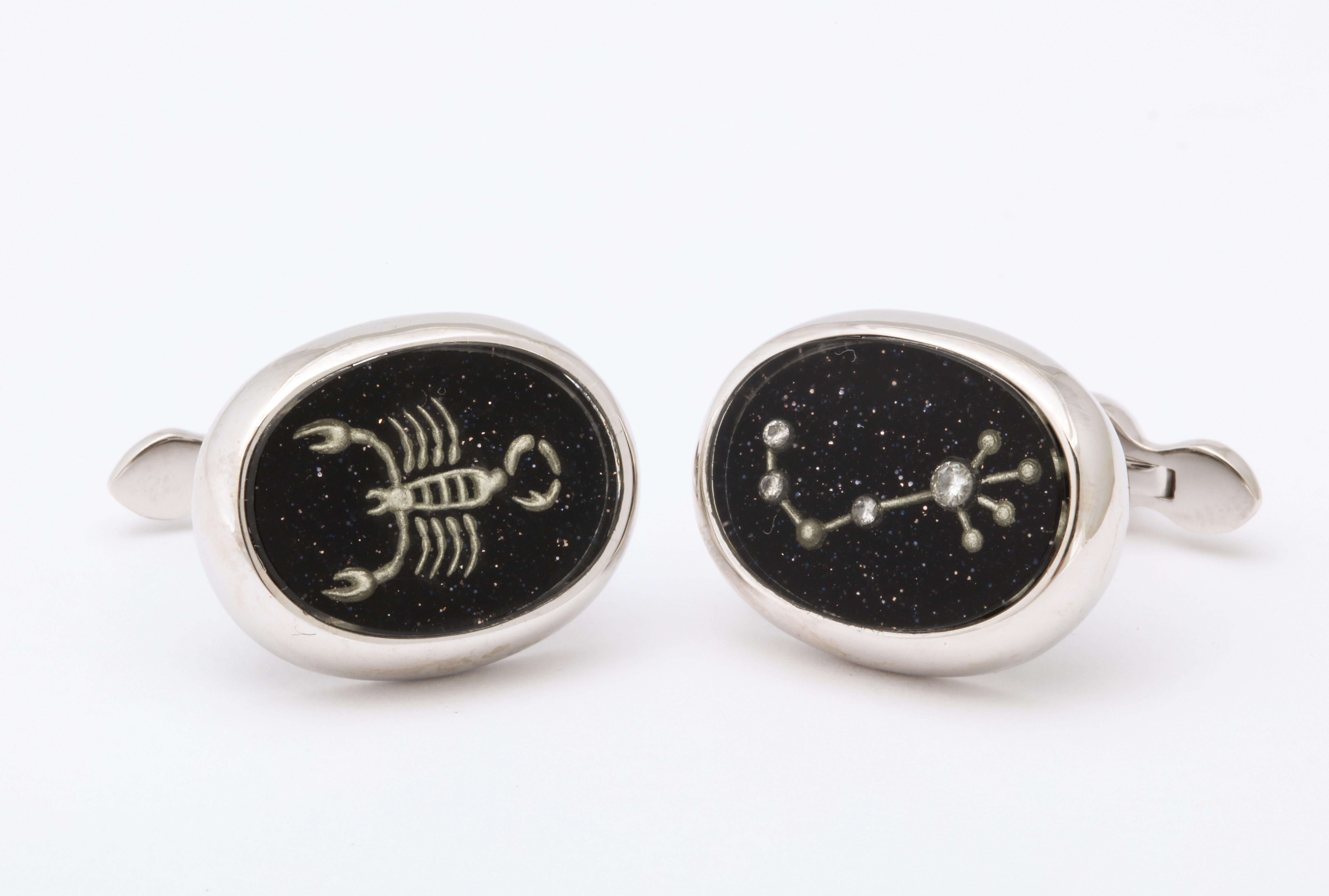 For all of the Scorpios (October 23-November 22) who deserve a great pair of cufflinks, these are absolutely unique.  One cufflink is a reverse carved crystal scorpion and the other is the constellation Scorpius.  In the constellation, the stars are