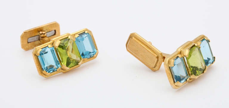 Women's or Men's Michael Kanners Three-Stone Peridot Blue Topaz Gold Cufflinks For Sale