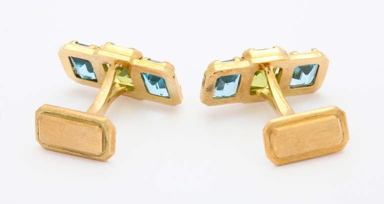 Michael Kanners Three-Stone Peridot Blue Topaz Gold Cufflinks For Sale 1