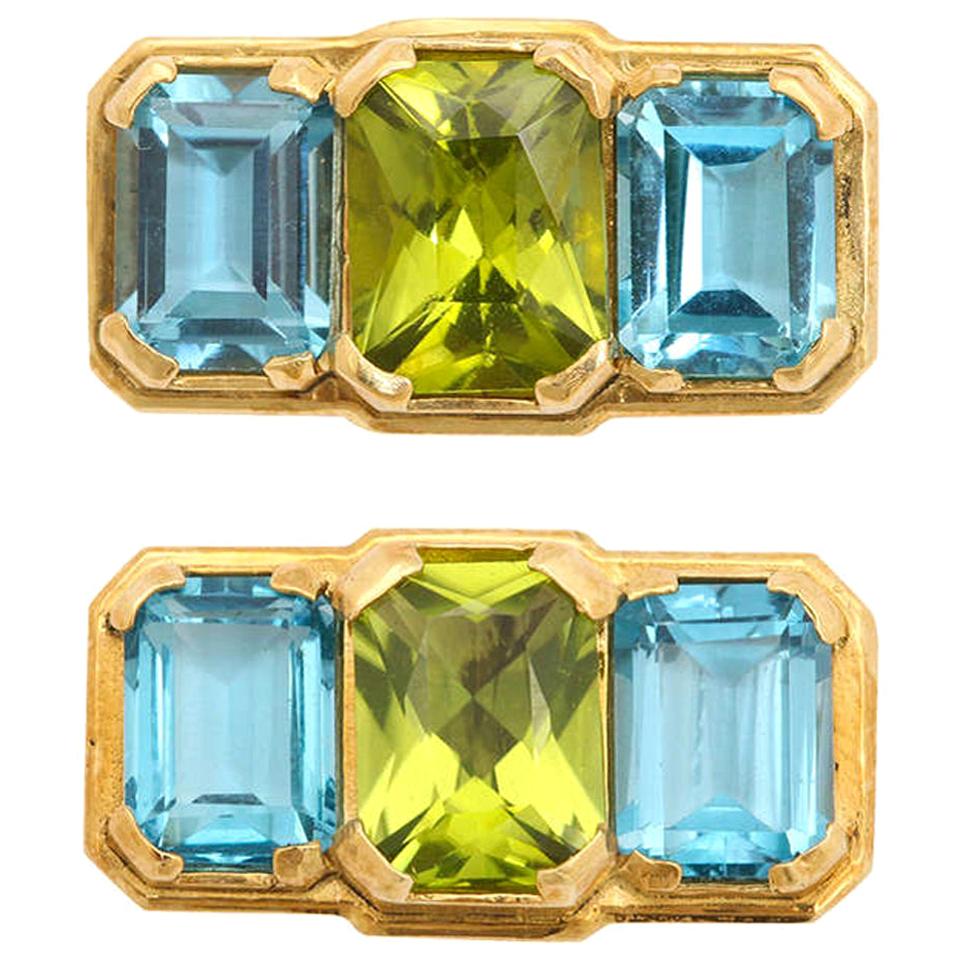 Michael Kanners Three-Stone Peridot Blue Topaz Gold Cufflinks For Sale