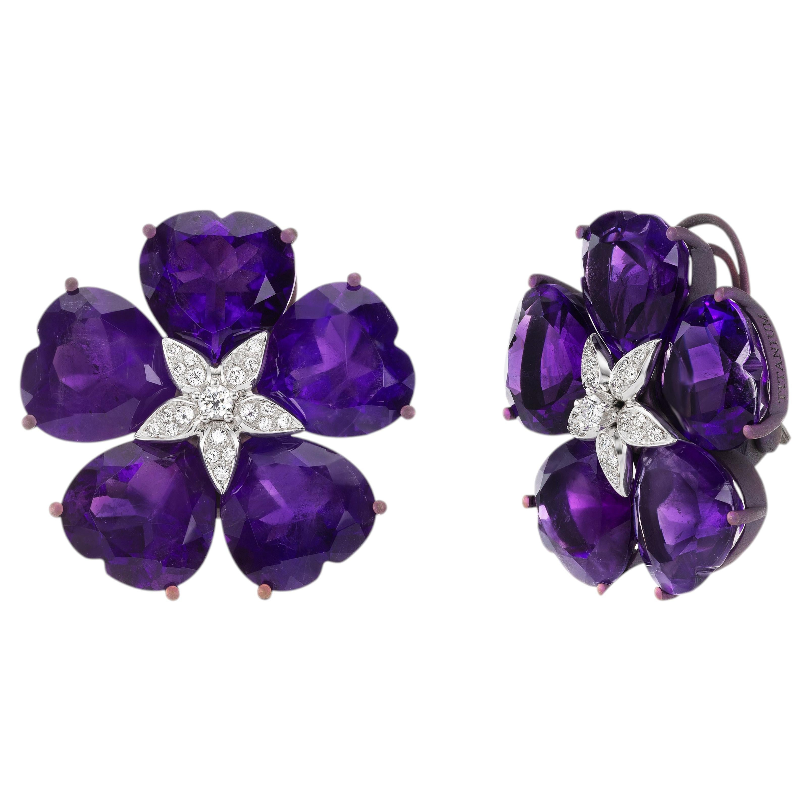 Michael Kanners Titanium Diamond and Amethyst Earrings For Sale