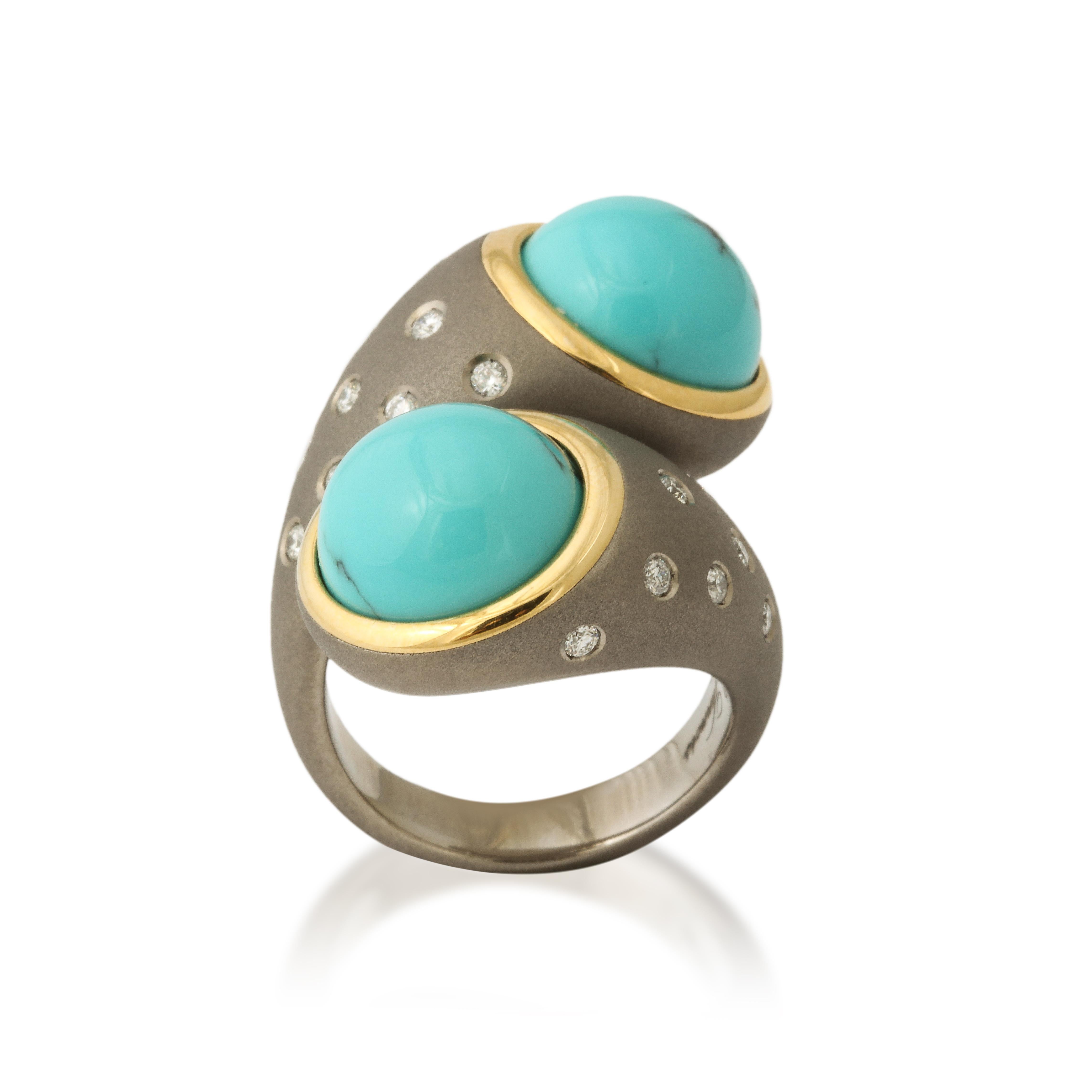 Contemporary Michael Kanners Titanium, Turquoise and Diamond Bypass Ring Number Three For Sale