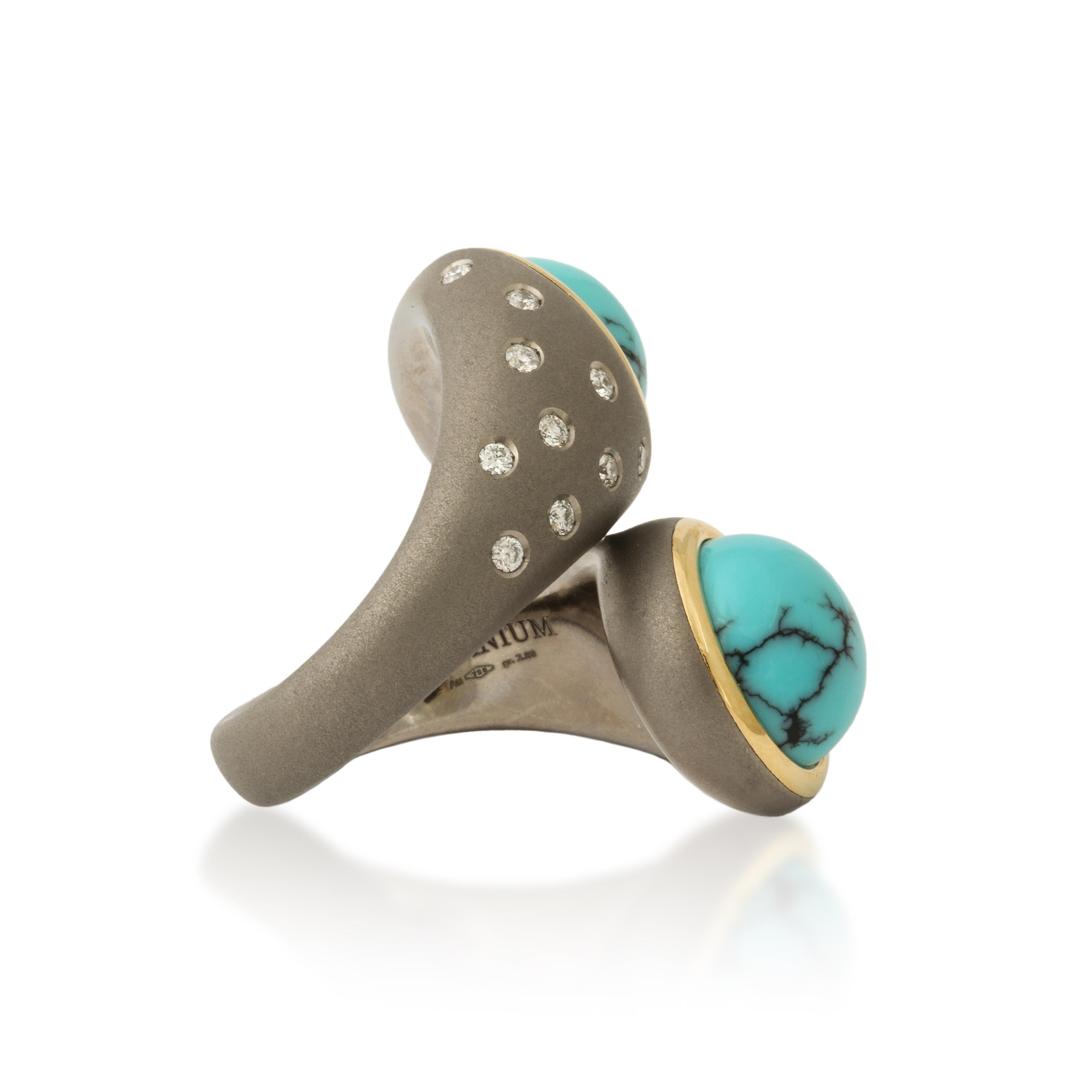 Michael Kanners Titanium, Turquoise and Diamond Bypass Ring Number Three In New Condition For Sale In Bal Harbour, FL