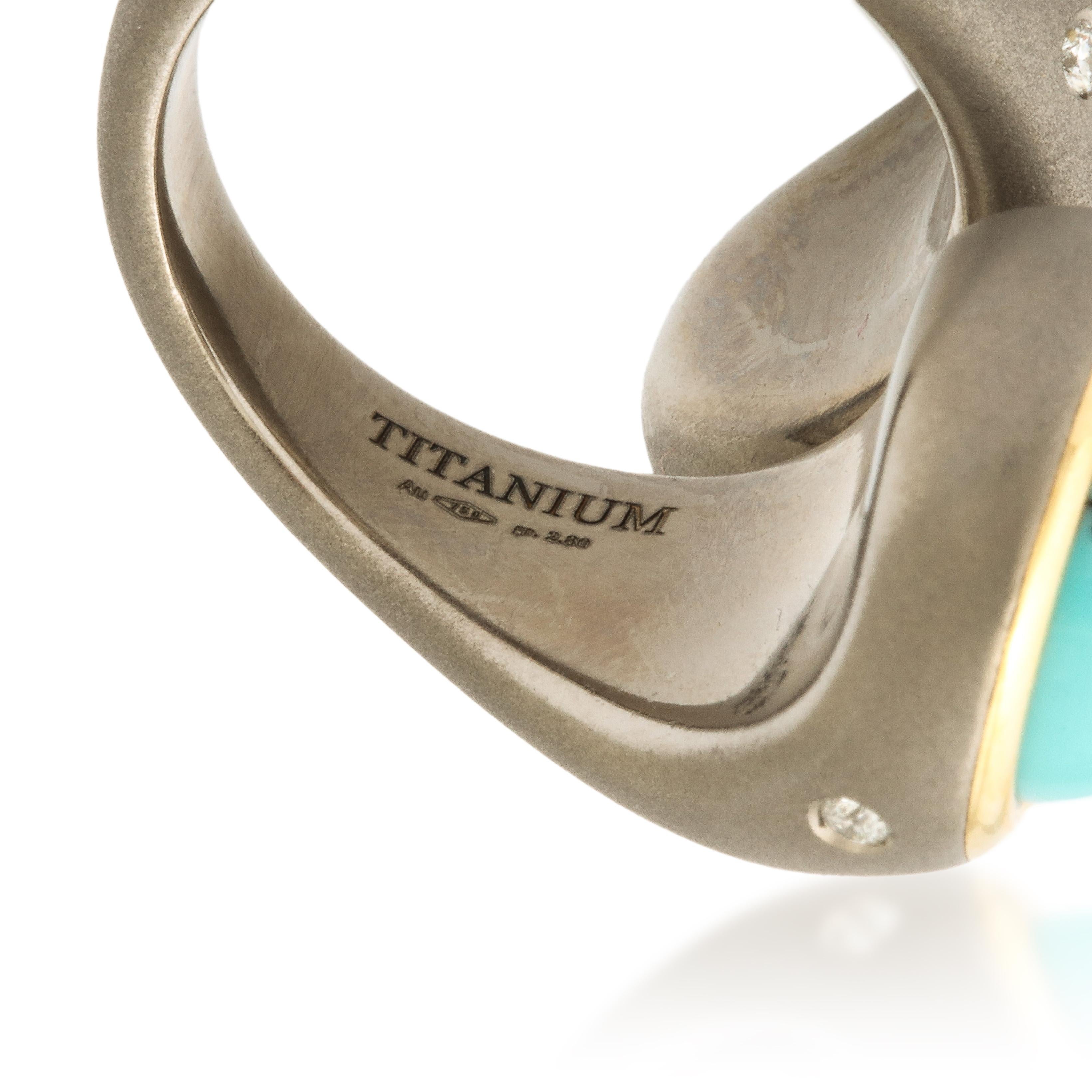Women's or Men's Michael Kanners Titanium, Turquoise and Diamond Bypass Ring Number Three For Sale
