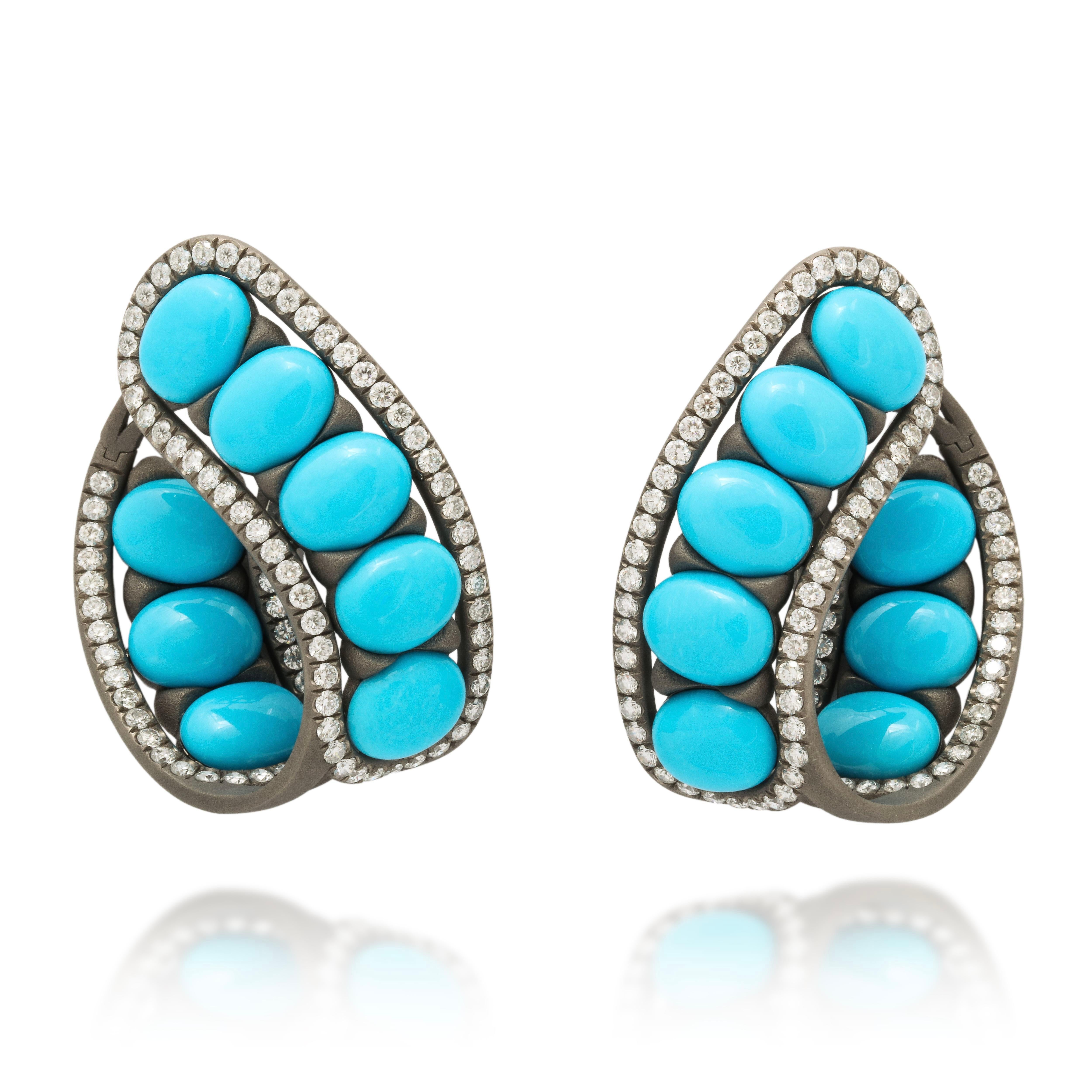 Michael Kanners Titanium Turquoise and Diamond Earrings In New Condition For Sale In Bal Harbour, FL