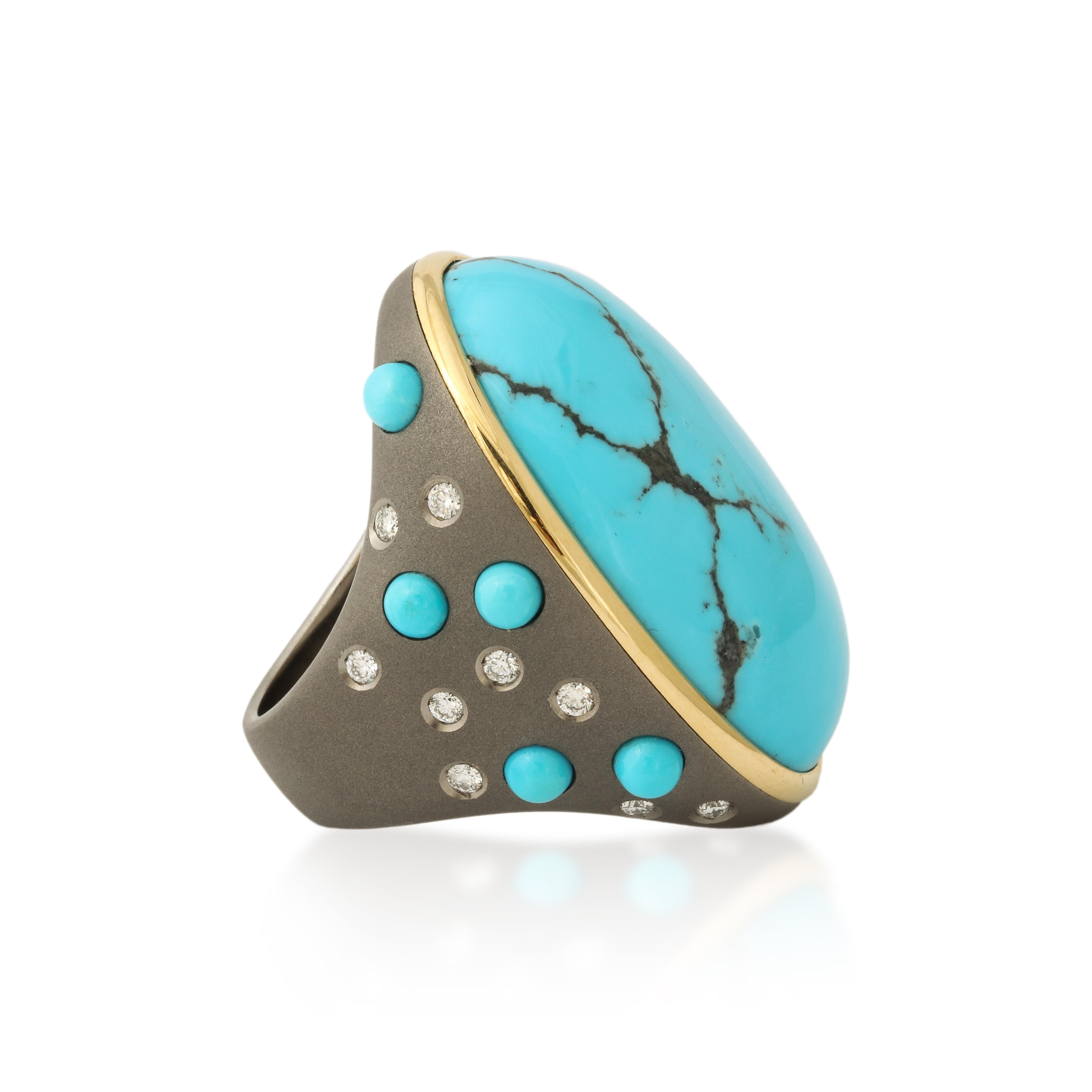 Mixed Cut Michael Kanners Titanium, Turquoise and Diamond Ring Number One For Sale