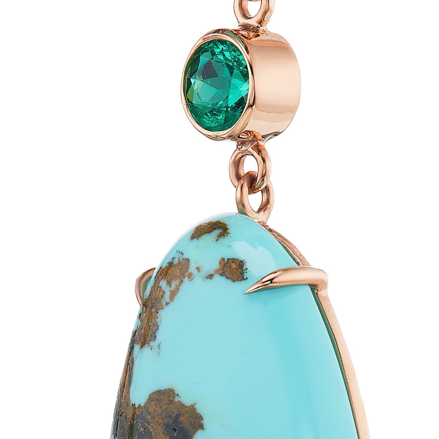 Where sky meets forest, these one-of-a-kind earrings capture nature’s most radiant hues. Vivid bright blue turquoise, laced with its natural matrix, is paired with the lush glow of Colombian emeralds—each stone hand-selected for its extraordinary
