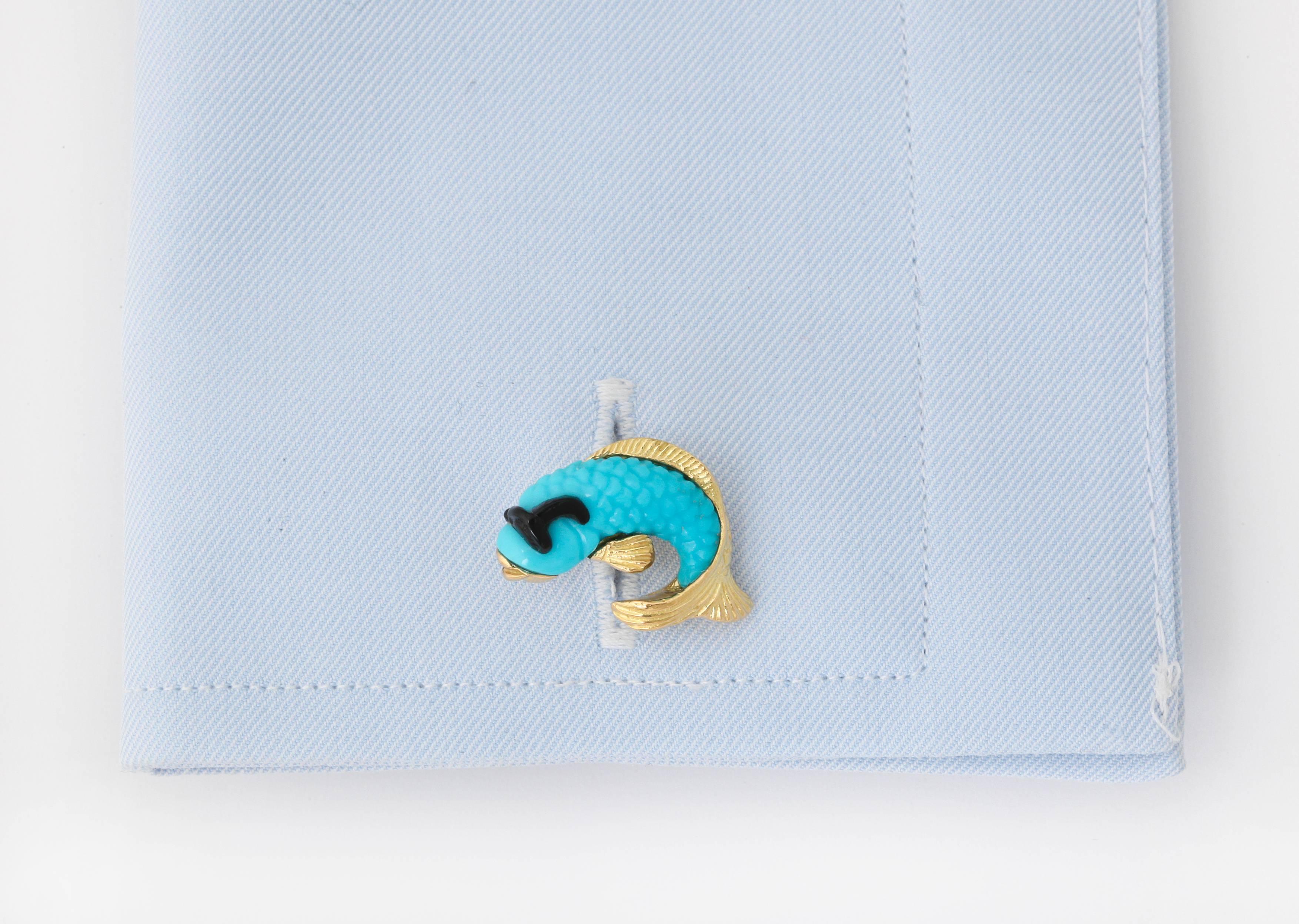 Contemporary Michael Kanners Turquoise Onyx Gold Fish Cufflinks