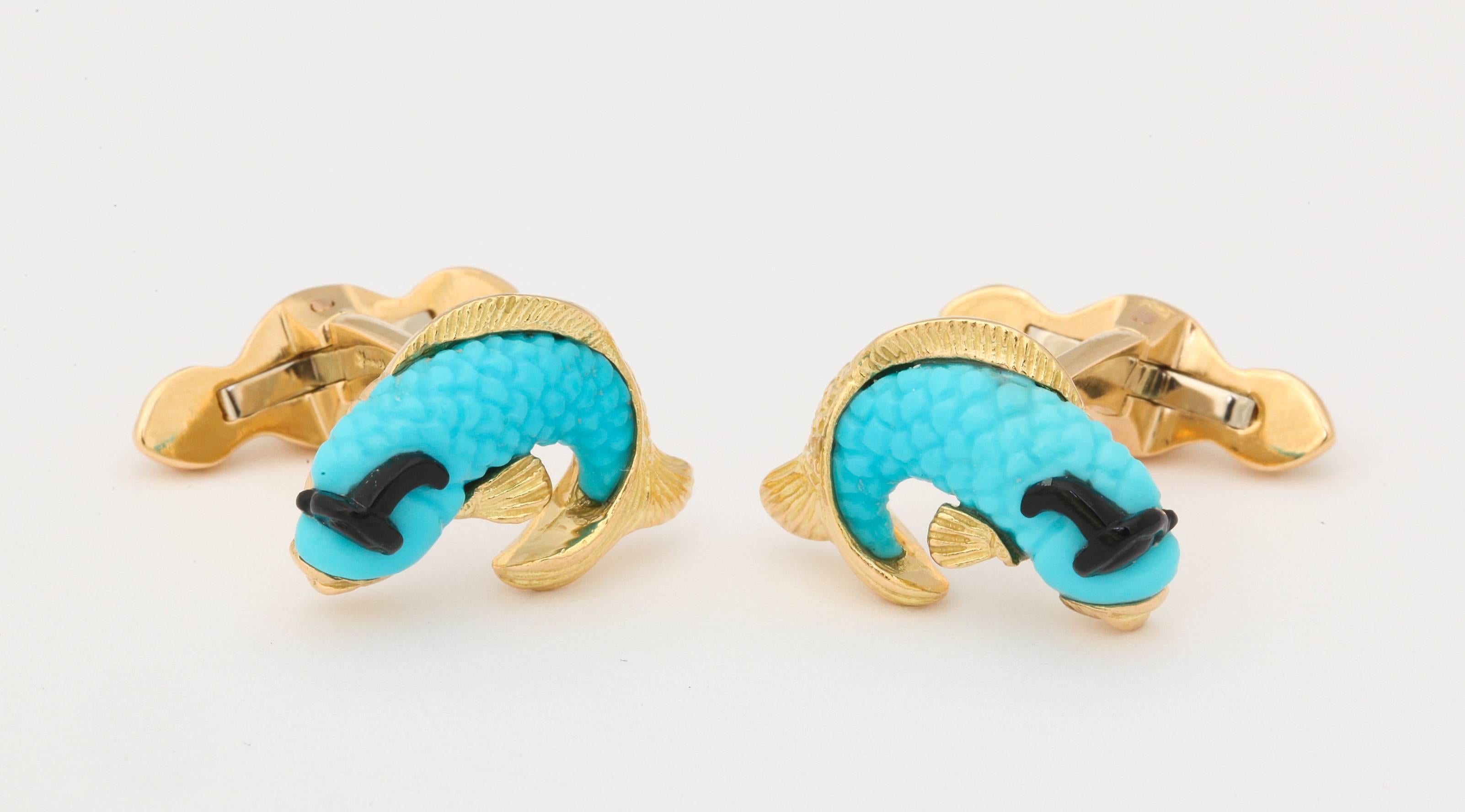 Mixed Cut Michael Kanners Turquoise Onyx Gold Fish Cufflinks