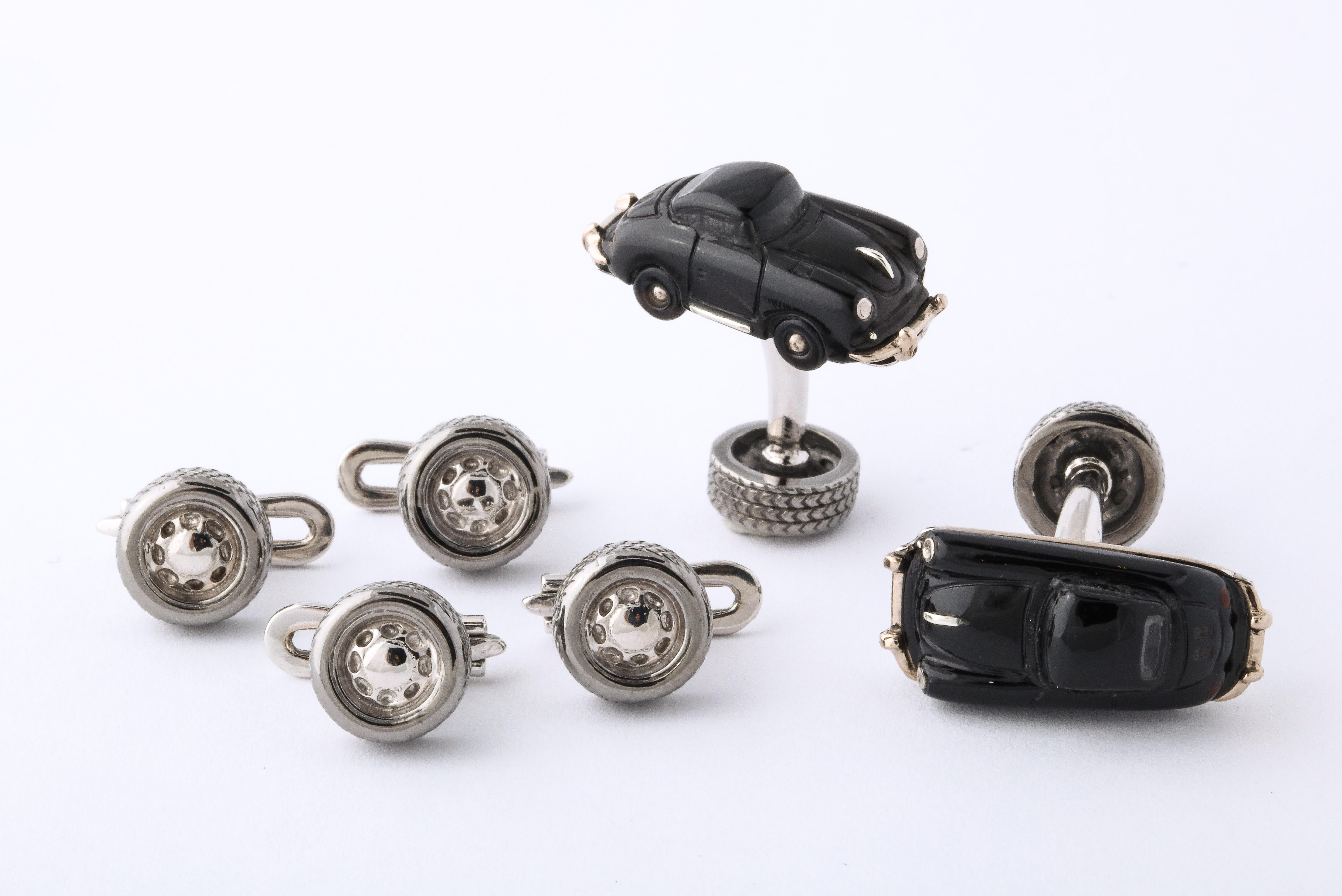 Meticulously carved in black onyx with rock crystal quartz and 18kt white gold accents, you will see no finer miniature replication of the iconic 1964 Porsche 356C.  The cufflinks feature the car on the front and the appropriate tire and wheel on