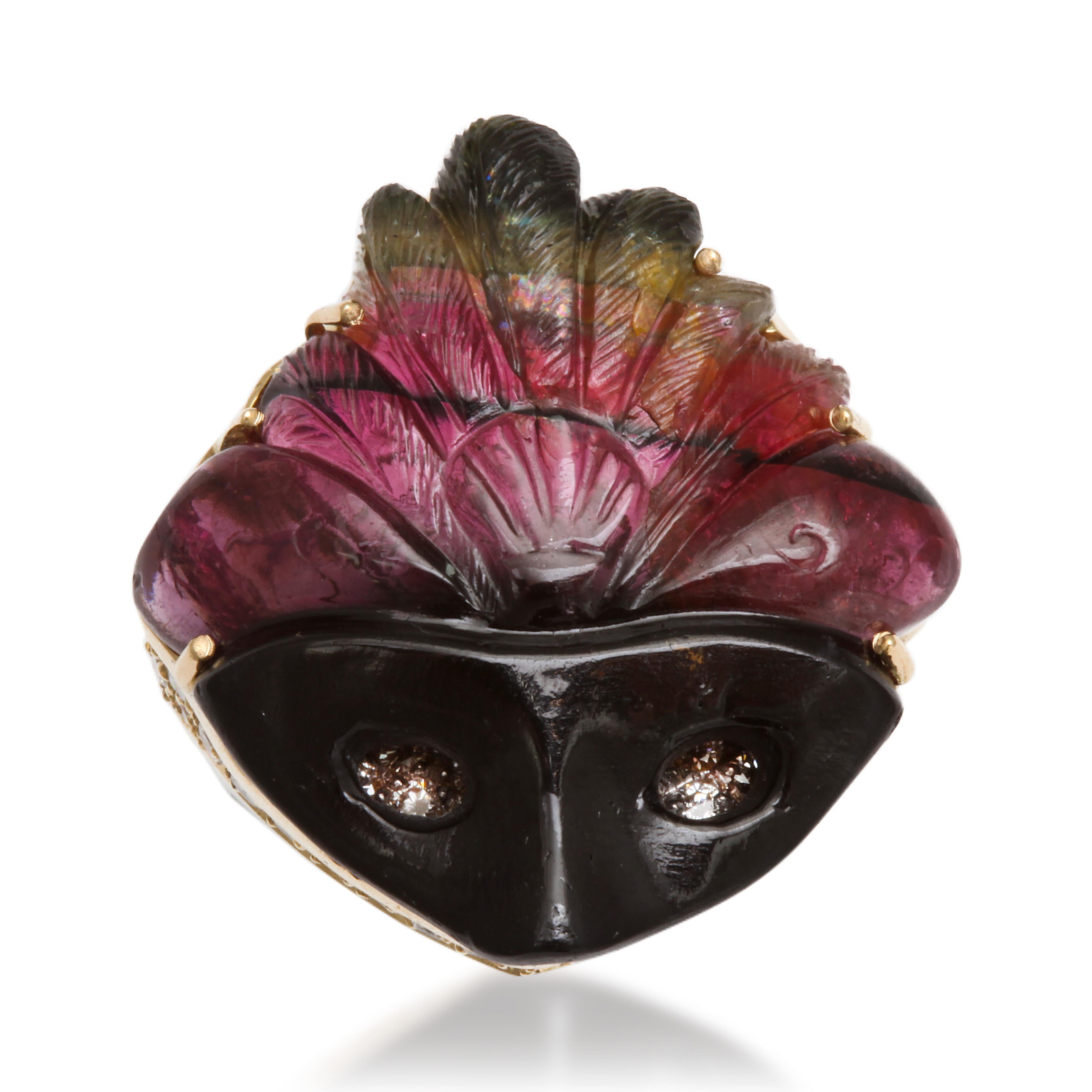 Contemporary Michael Kanners Watermelon Tourmaline Diamond Gold Mask Ring For Sale