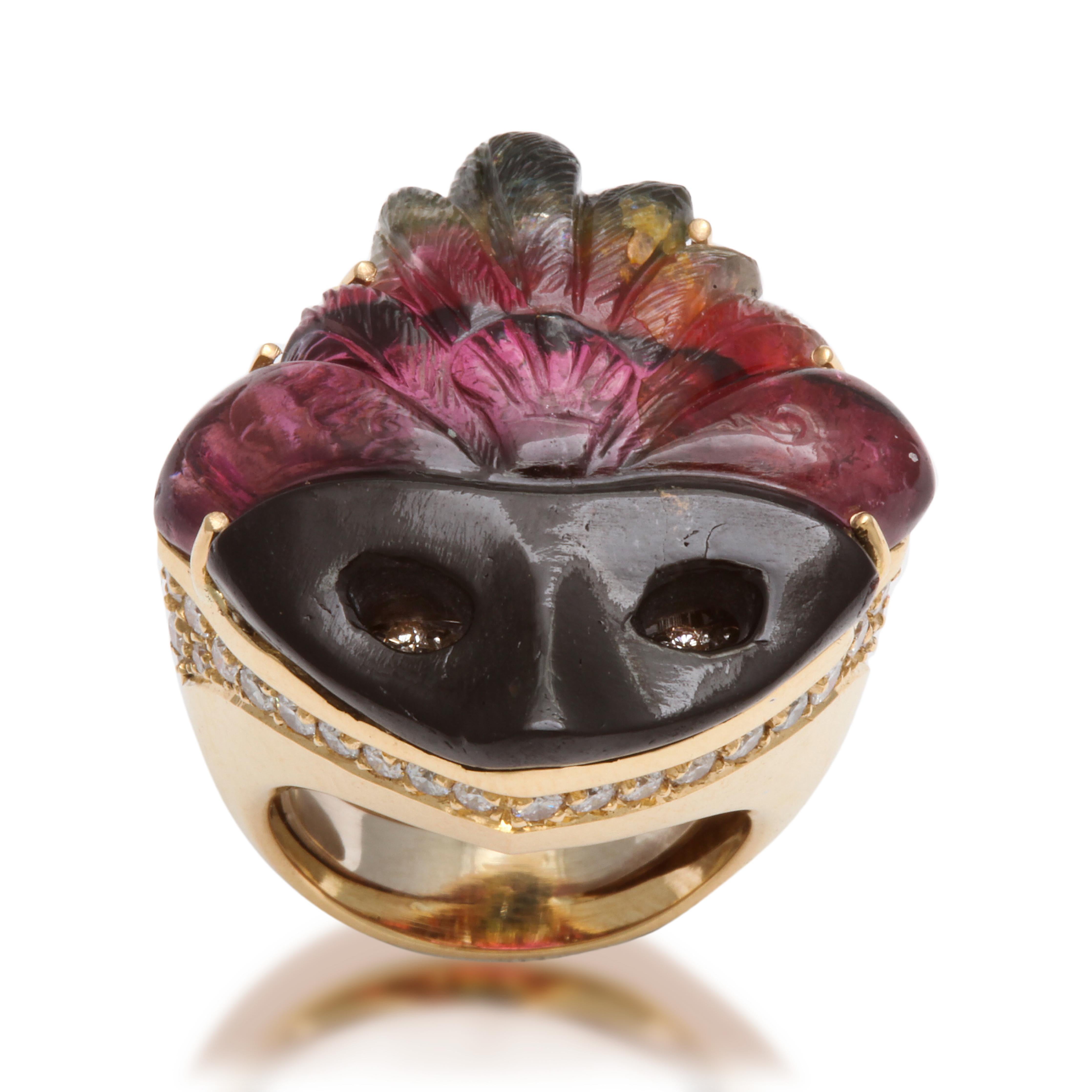 Michael Kanners Watermelon Tourmaline Diamond Gold Mask Ring In New Condition For Sale In Bal Harbour, FL
