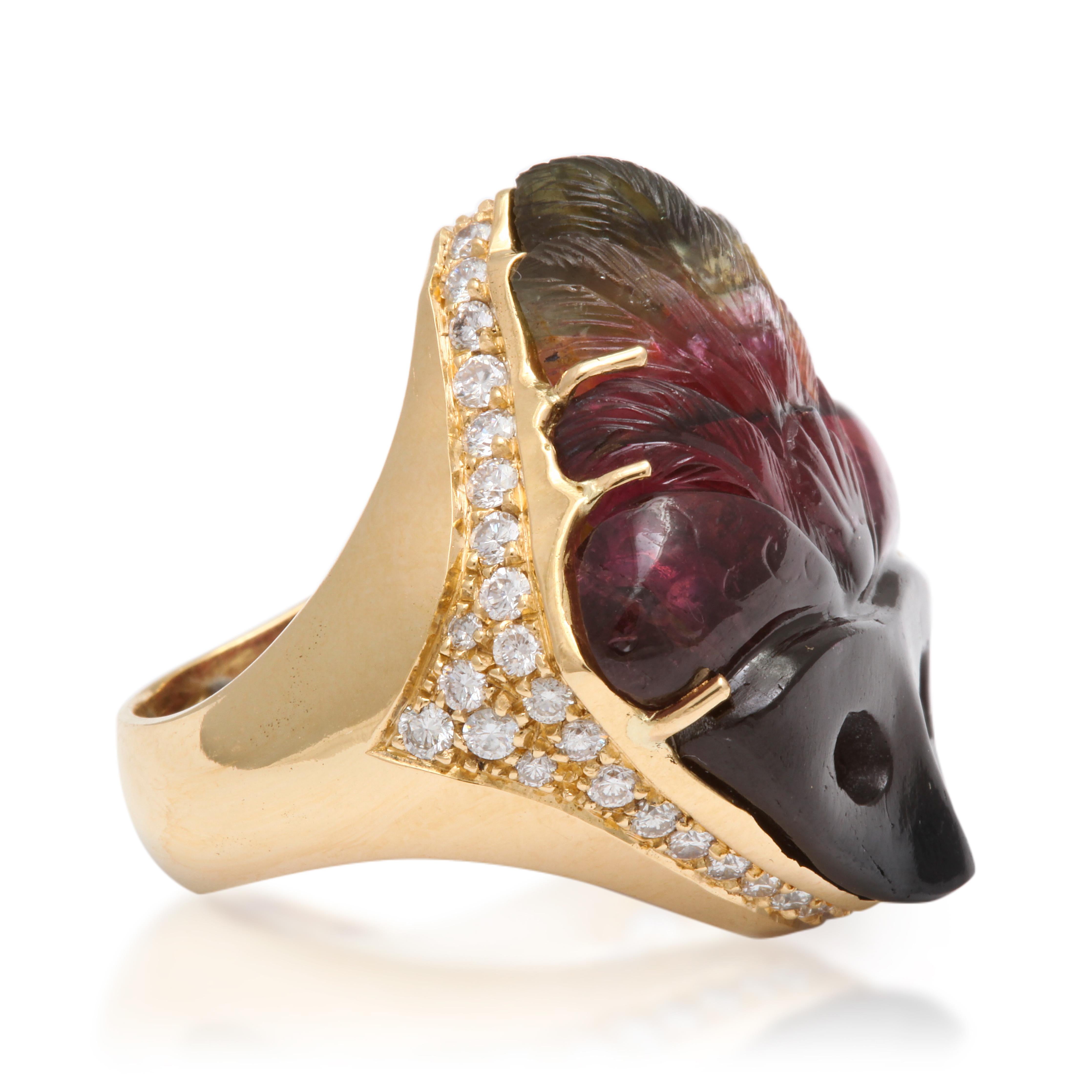 Women's Michael Kanners Watermelon Tourmaline Diamond Gold Mask Ring For Sale