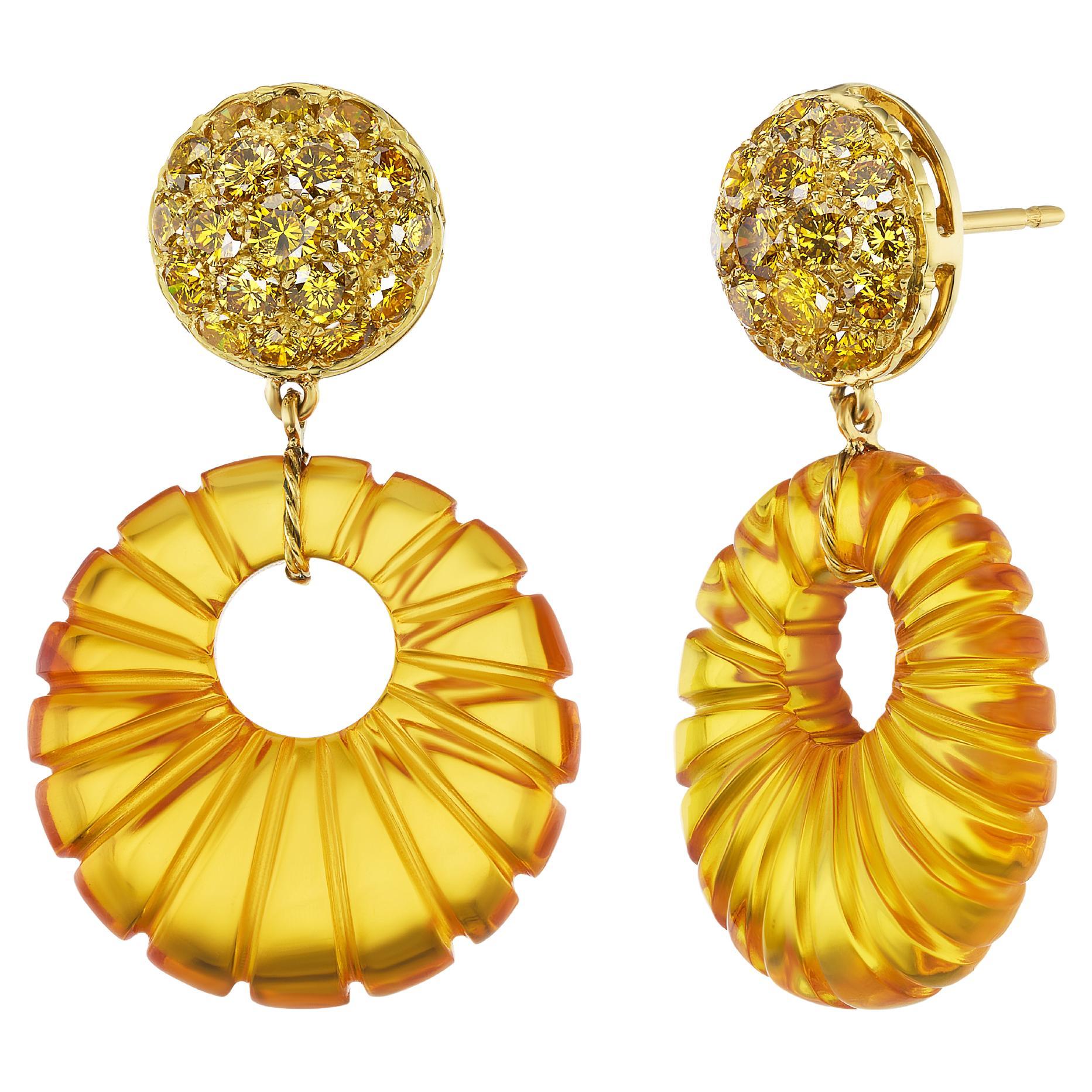 Michael Kanners Yellow Diamond and Amber Drop Earrings