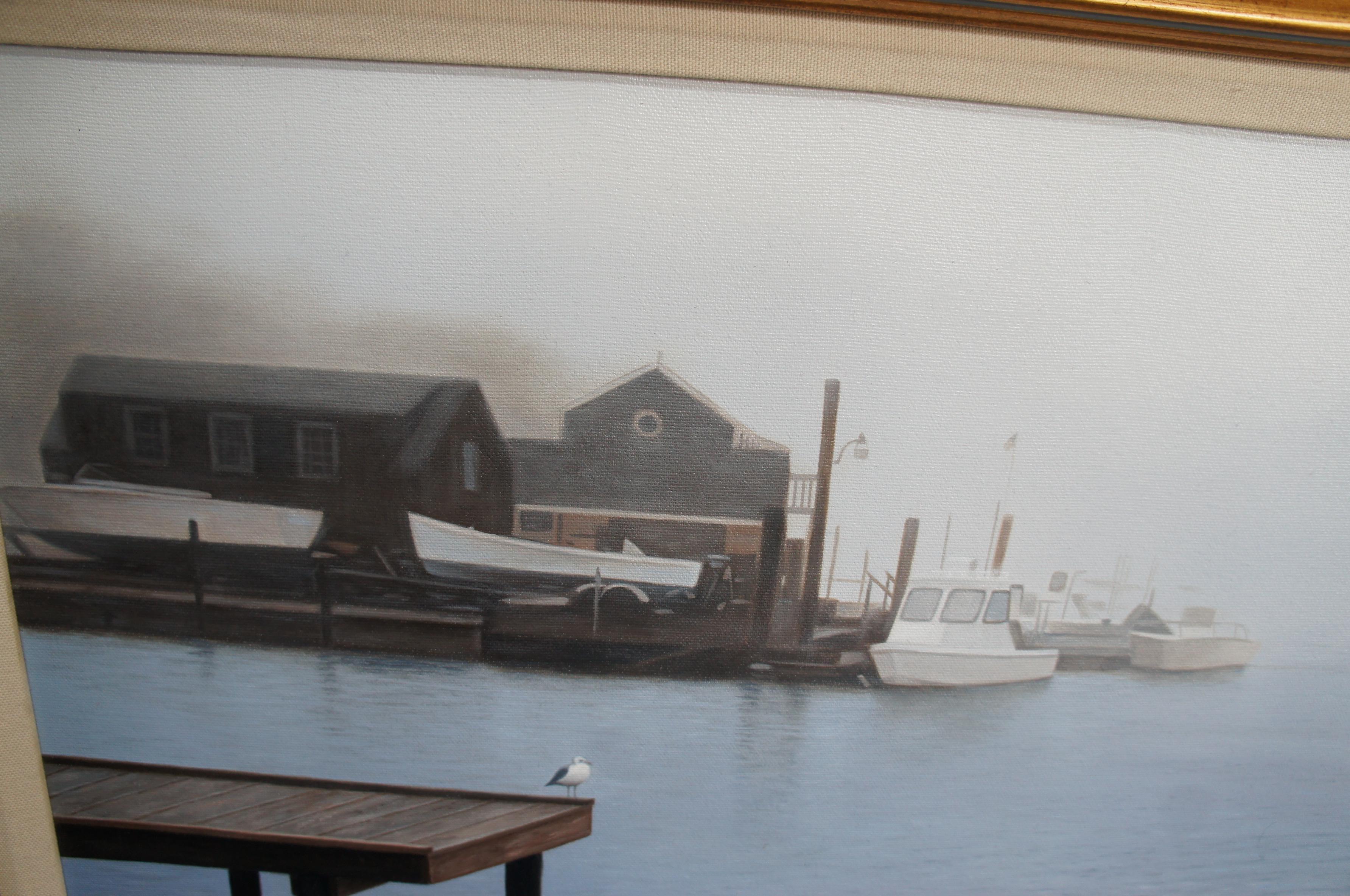 20th Century Vintage Michael McGovern Nantucket Foggy Morning Boats at Harbor Oil Painting 27 For Sale