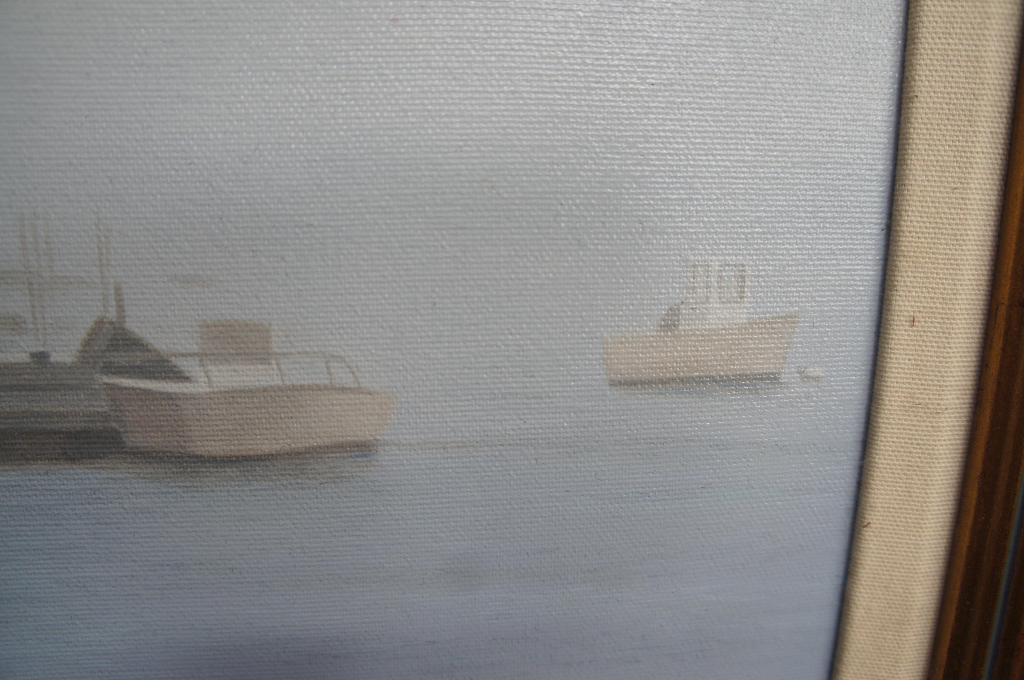 Vintage Michael McGovern Nantucket Foggy Morning Boats at Harbor Oil Painting 27 For Sale 1