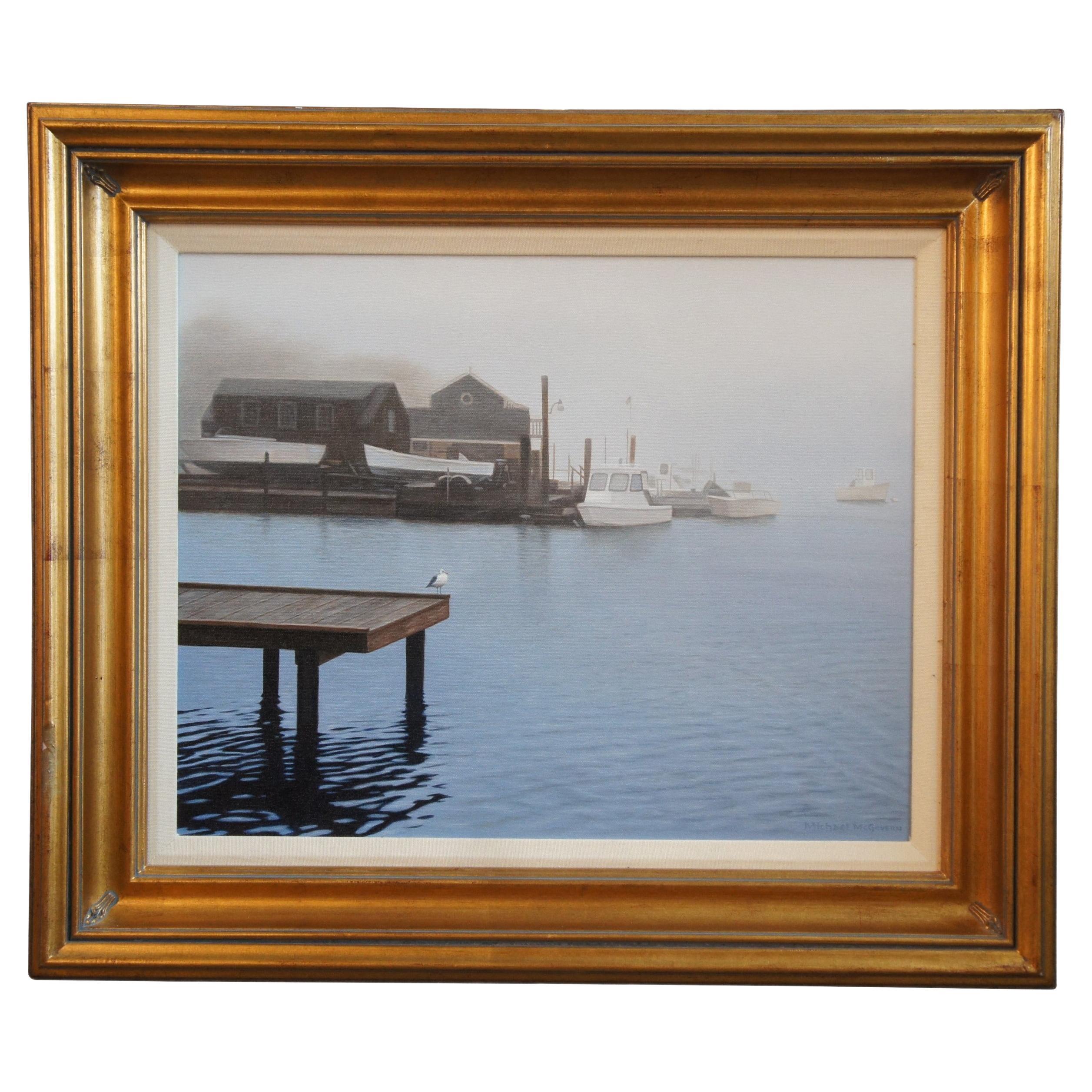 Vintage Michael McGovern Nantucket Foggy Morning Boats at Harbor Oil Painting 27 For Sale