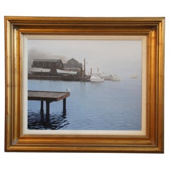 Peinture à l'huile vintage Michael McGovern, Nantucket Foggy Morning Boats at Harbor, 27
