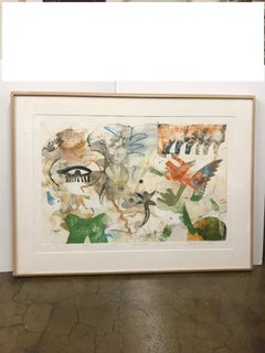 "Out There", large, surrealistic monoprint, green, blue, blue gray, sanguine.
