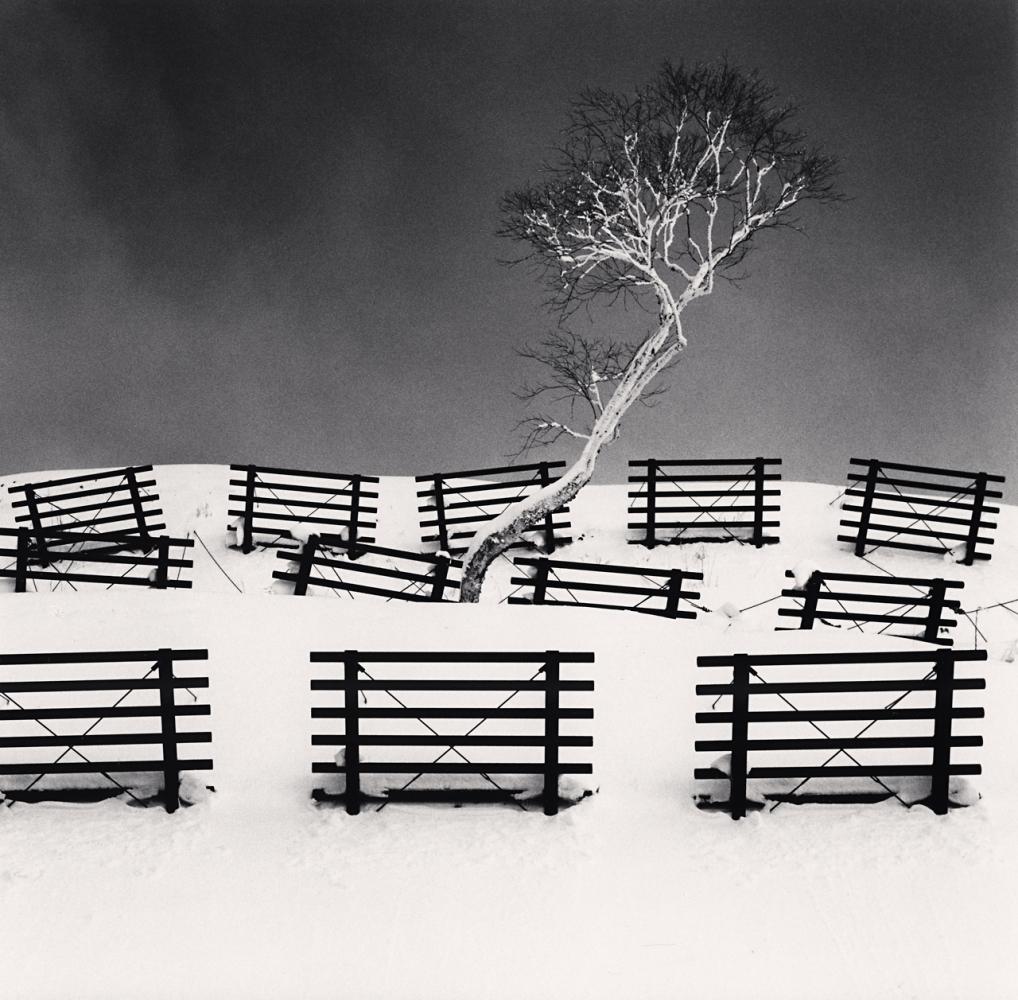 Michael Kenna Black and White Photograph -  Dakekanba and Snow Barriers, Hokkaido, Japan