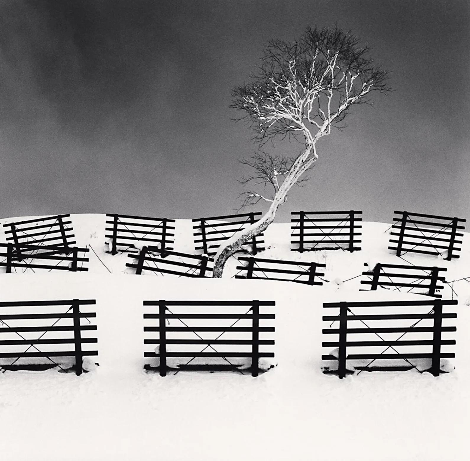 Michael Kenna Black and White Photograph - Dakekanba and Snow Barriers, Hokkaido, Japan