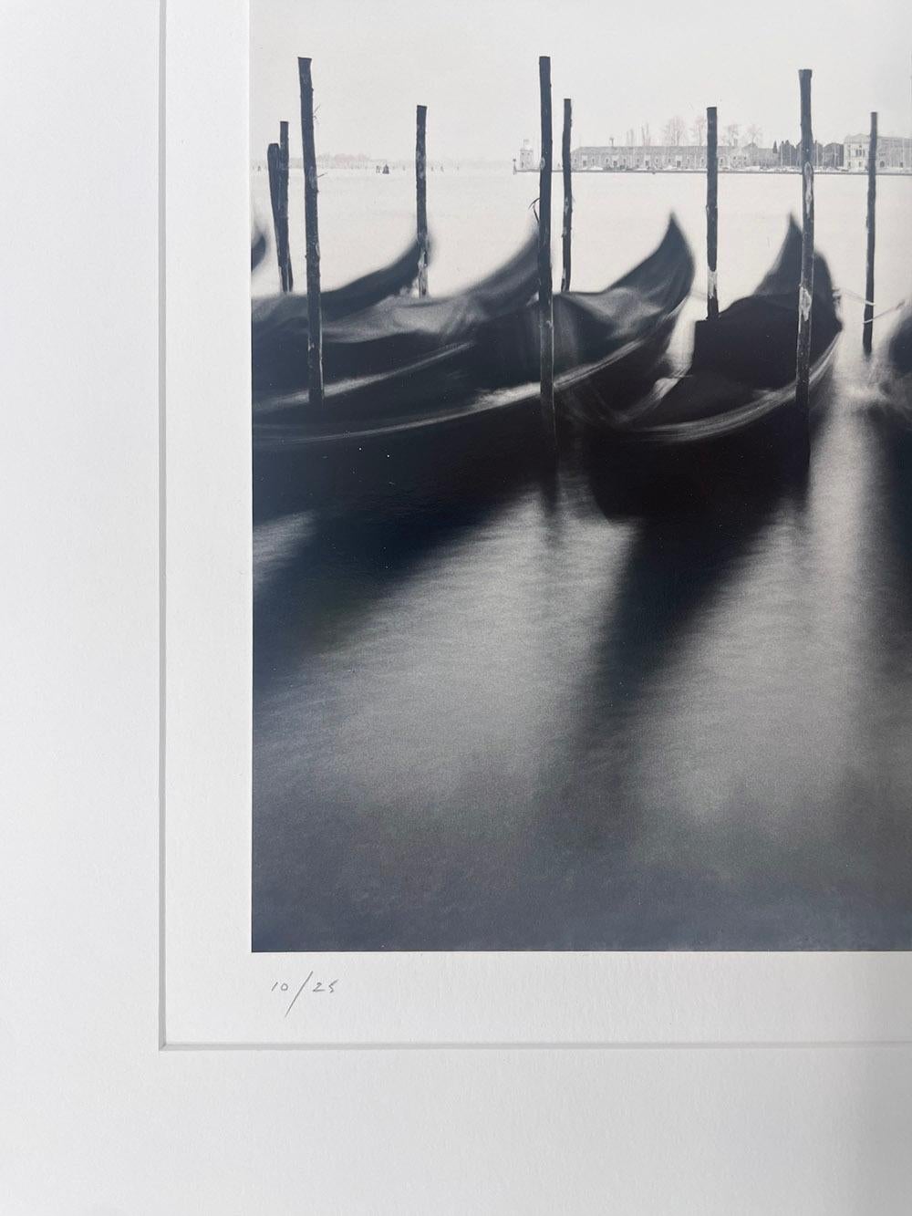 December Gondolas, Venice, Italy - Boats, Architecture, Water, Europe, City - Gray Landscape Photograph by Michael Kenna