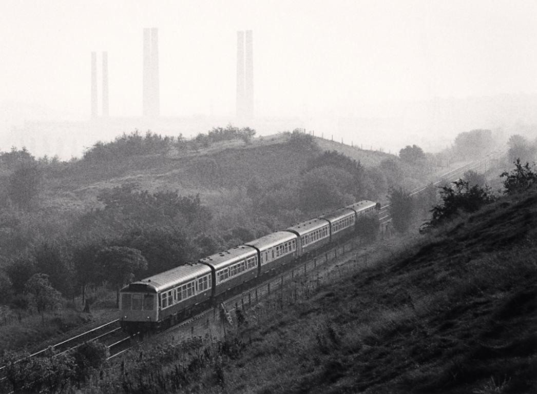 Michael Kenna Black and White Photograph - Diesel Train and Kearsley Power Station, Prestolee, Greater Manchester, England