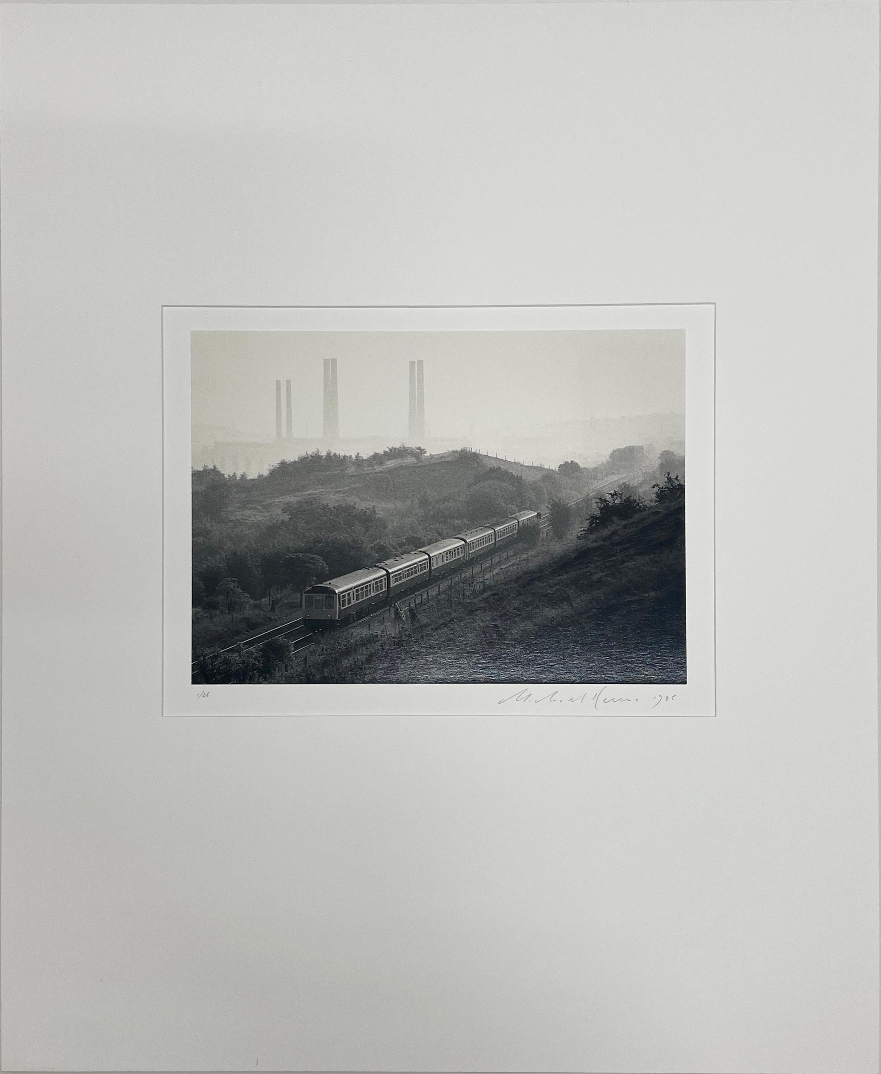 Diesel Train and Kearsley Power Station, Prestolee, Greater Manchester, England - Photograph by Michael Kenna