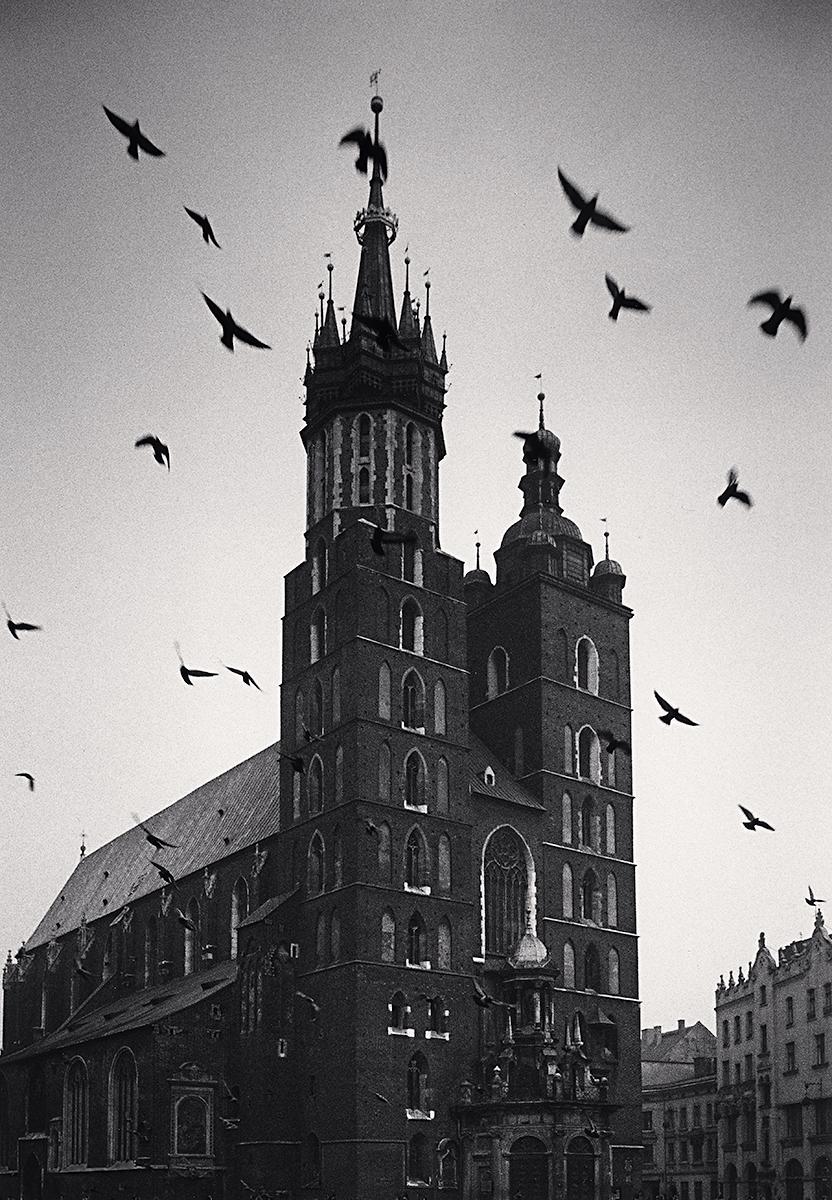 Michael Kenna Landscape Photograph - St. Mary's Basilica and Flying Birds, Krakow, Poland