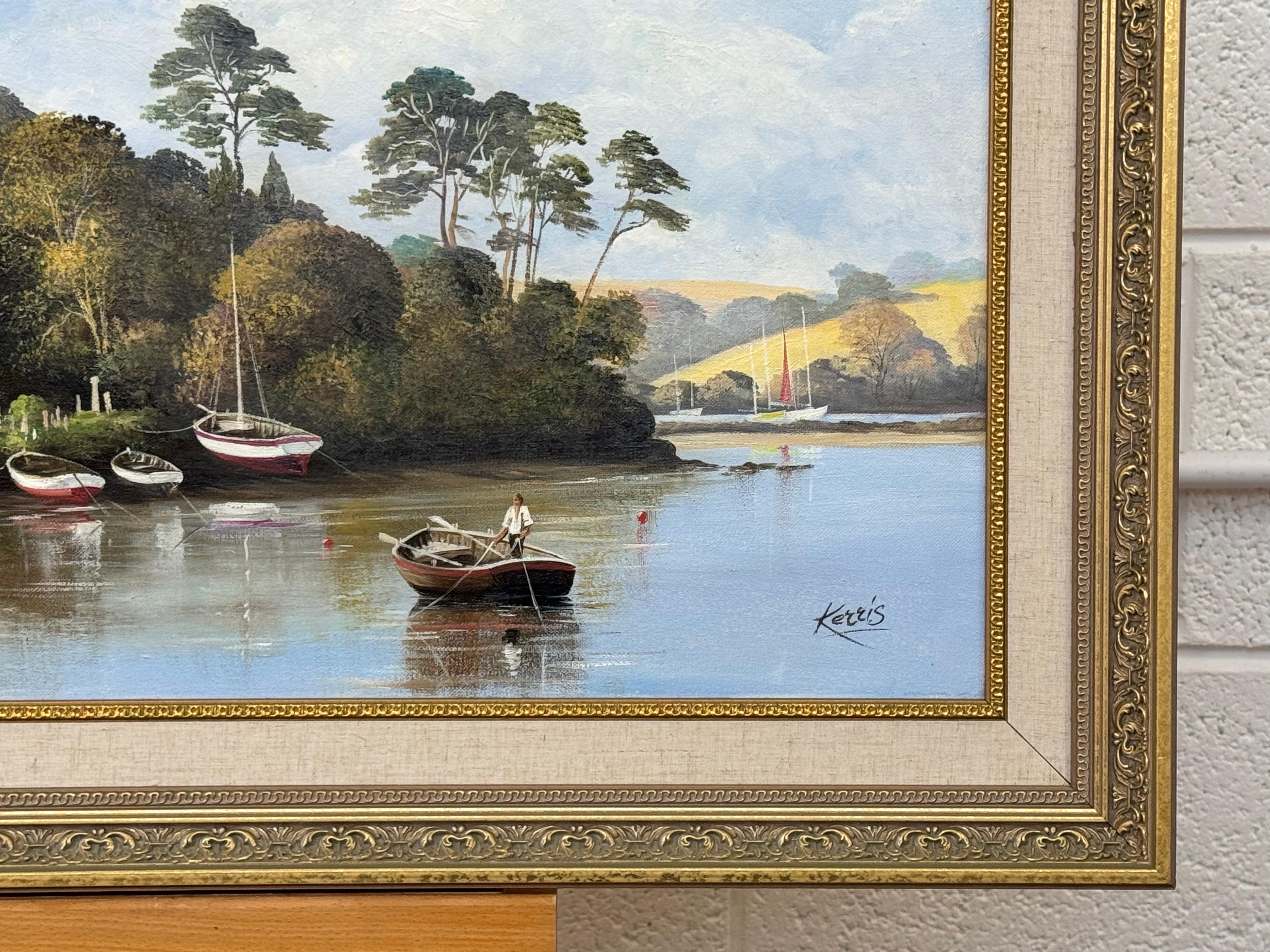 Pintura de Iglesia en Cornualles, en la costa sur inglesa, con figuras y barcos en venta 5