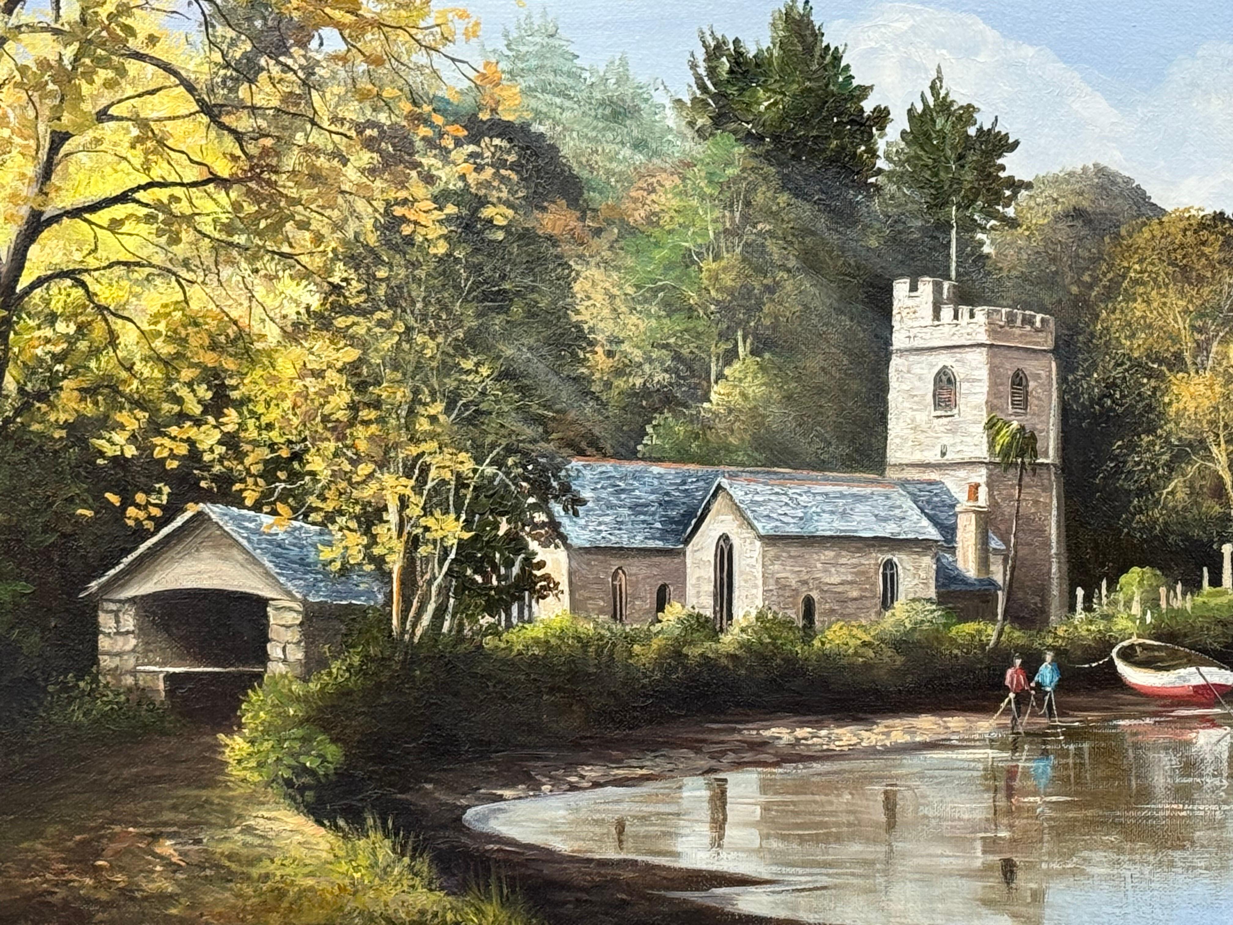 Pintura de Iglesia en Cornualles, en la costa sur inglesa, con figuras y barcos en venta 6