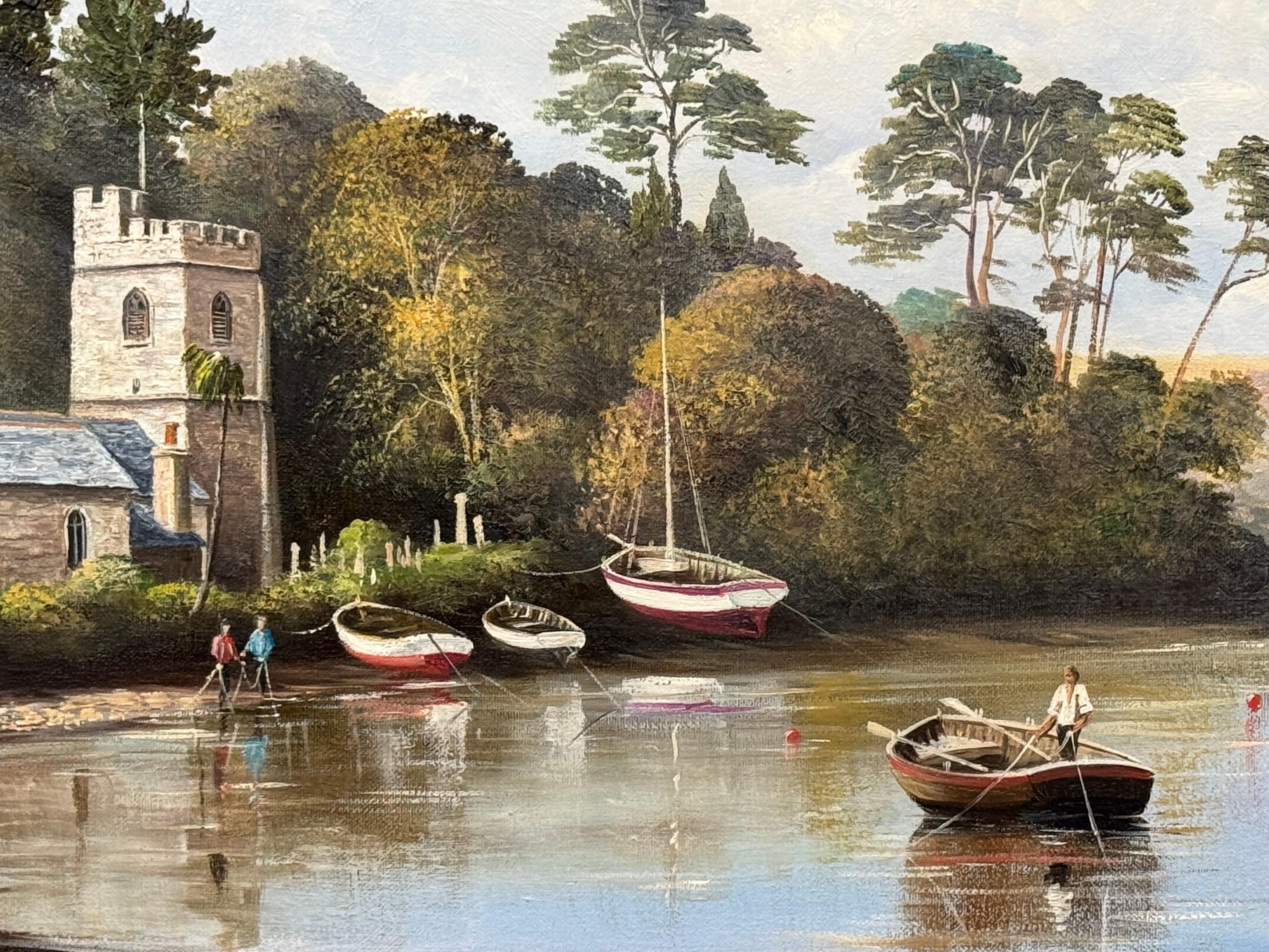 Pintura de Iglesia en Cornualles, en la costa sur inglesa, con figuras y barcos en venta 7