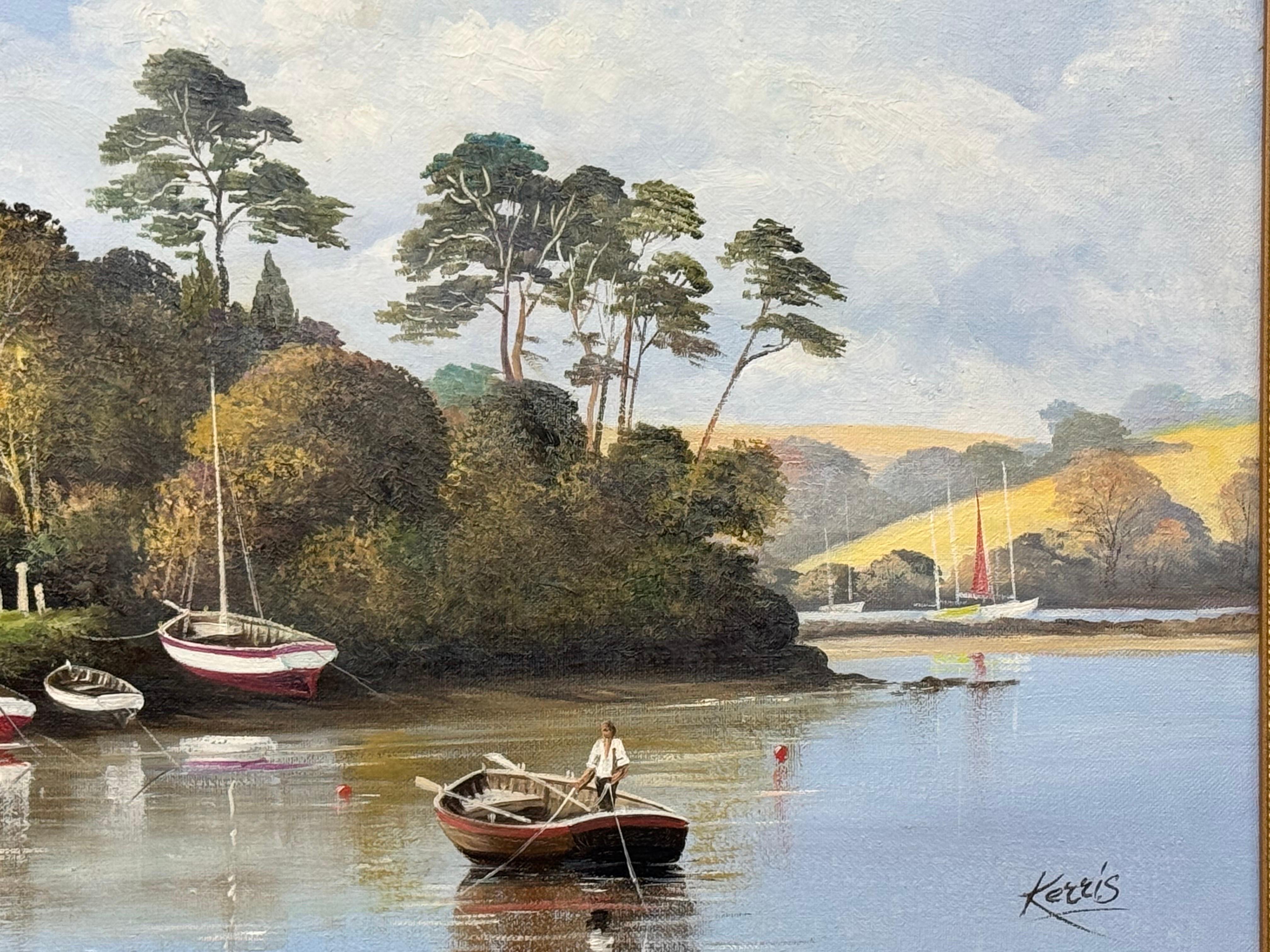 Pintura de Iglesia en Cornualles, en la costa sur inglesa, con figuras y barcos en venta 8