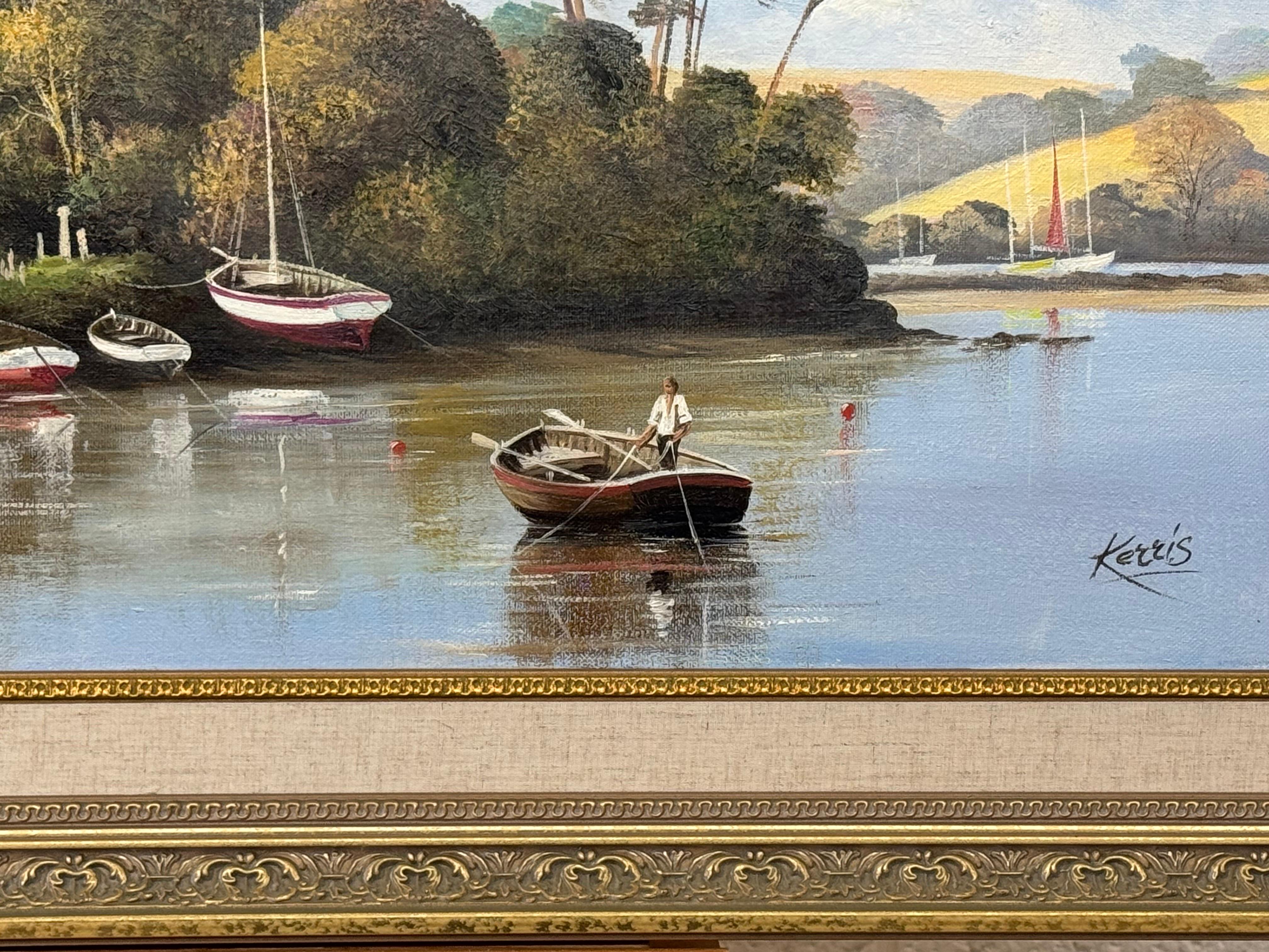 Pintura de Iglesia en Cornualles, en la costa sur inglesa, con figuras y barcos en venta 9