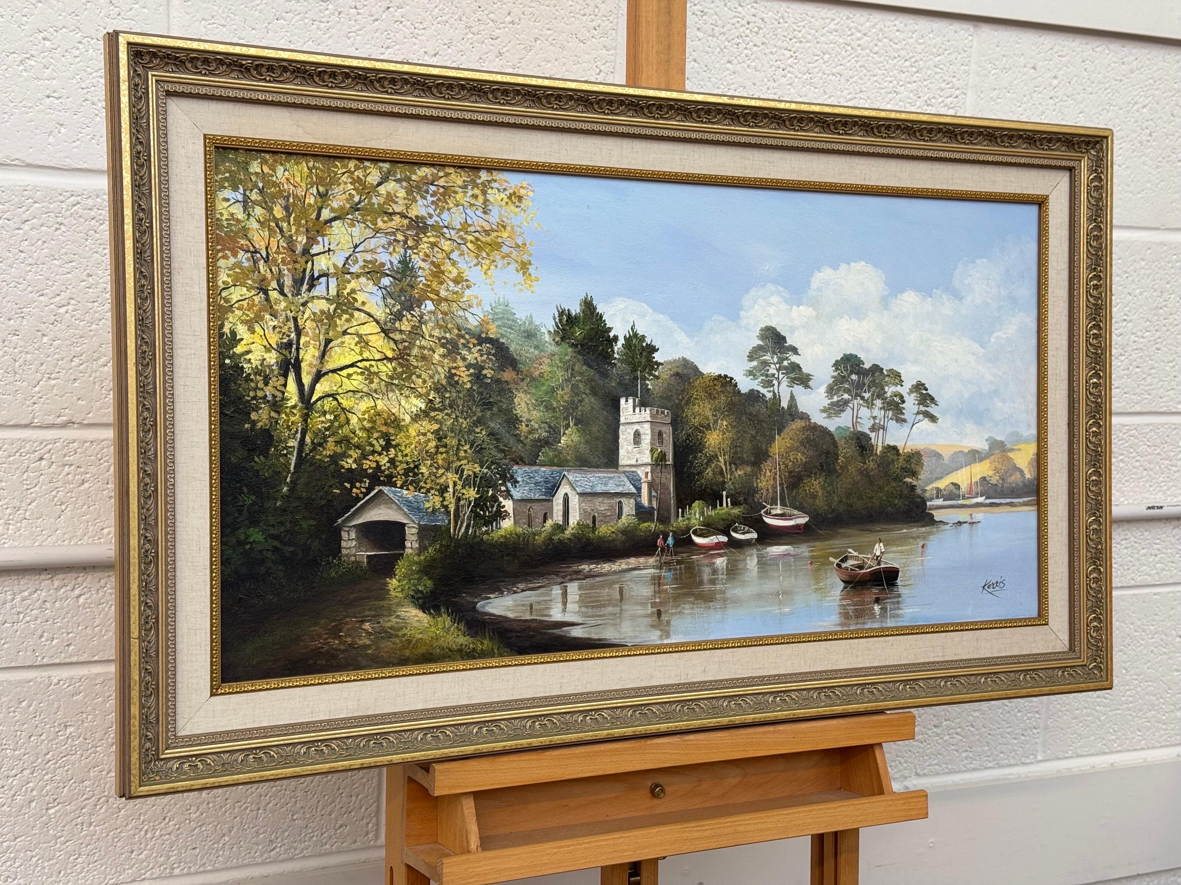 Pintura de Iglesia en Cornualles, en la costa sur inglesa, con figuras y barcos - Painting de Michael Kerris