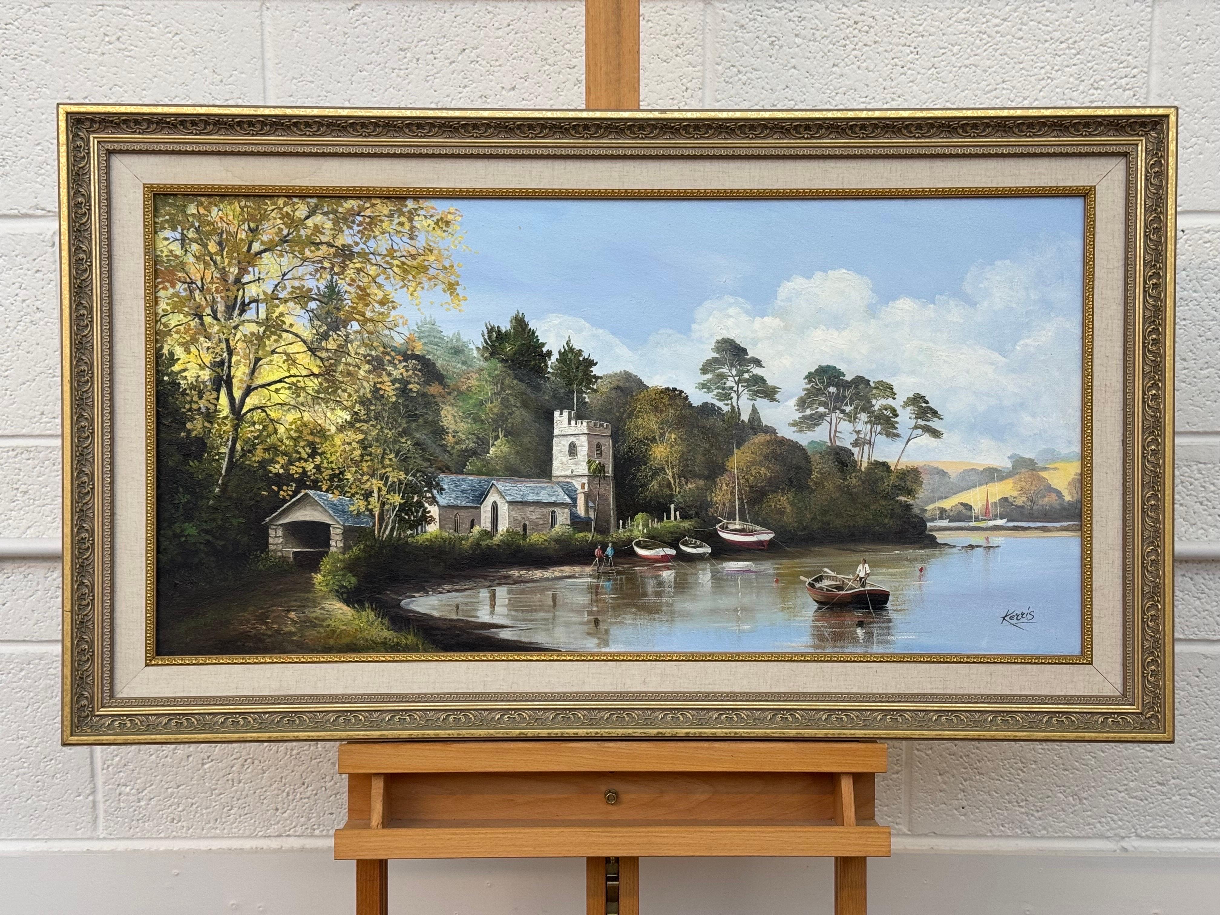 Pintura de Iglesia en Cornualles, en la costa sur inglesa, con figuras y barcos - Painting Realista de Michael Kerris