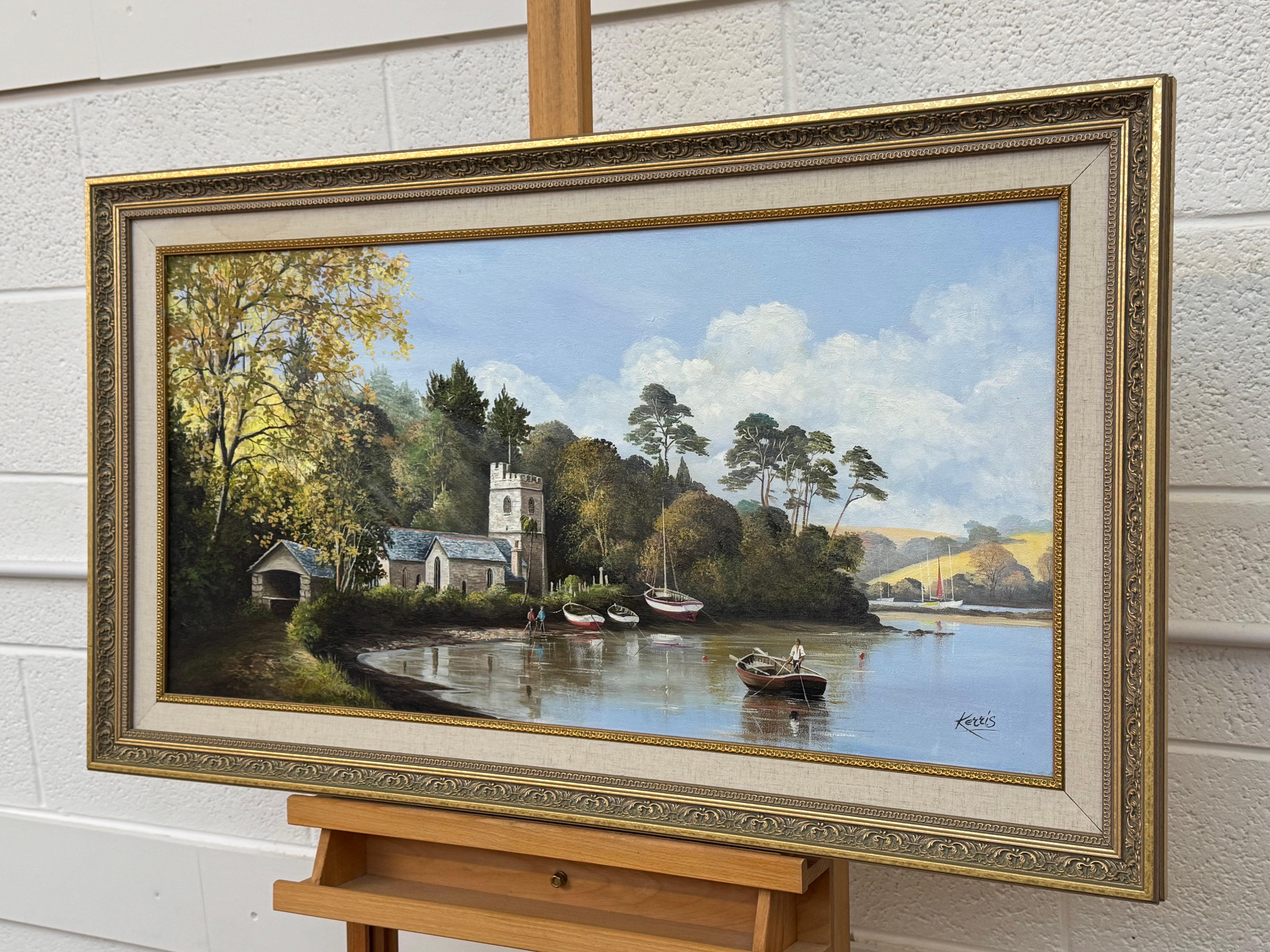 Pintura de Iglesia en Cornualles, en la costa sur inglesa, con figuras y barcos - Landscape Painting Gris de Michael Kerris