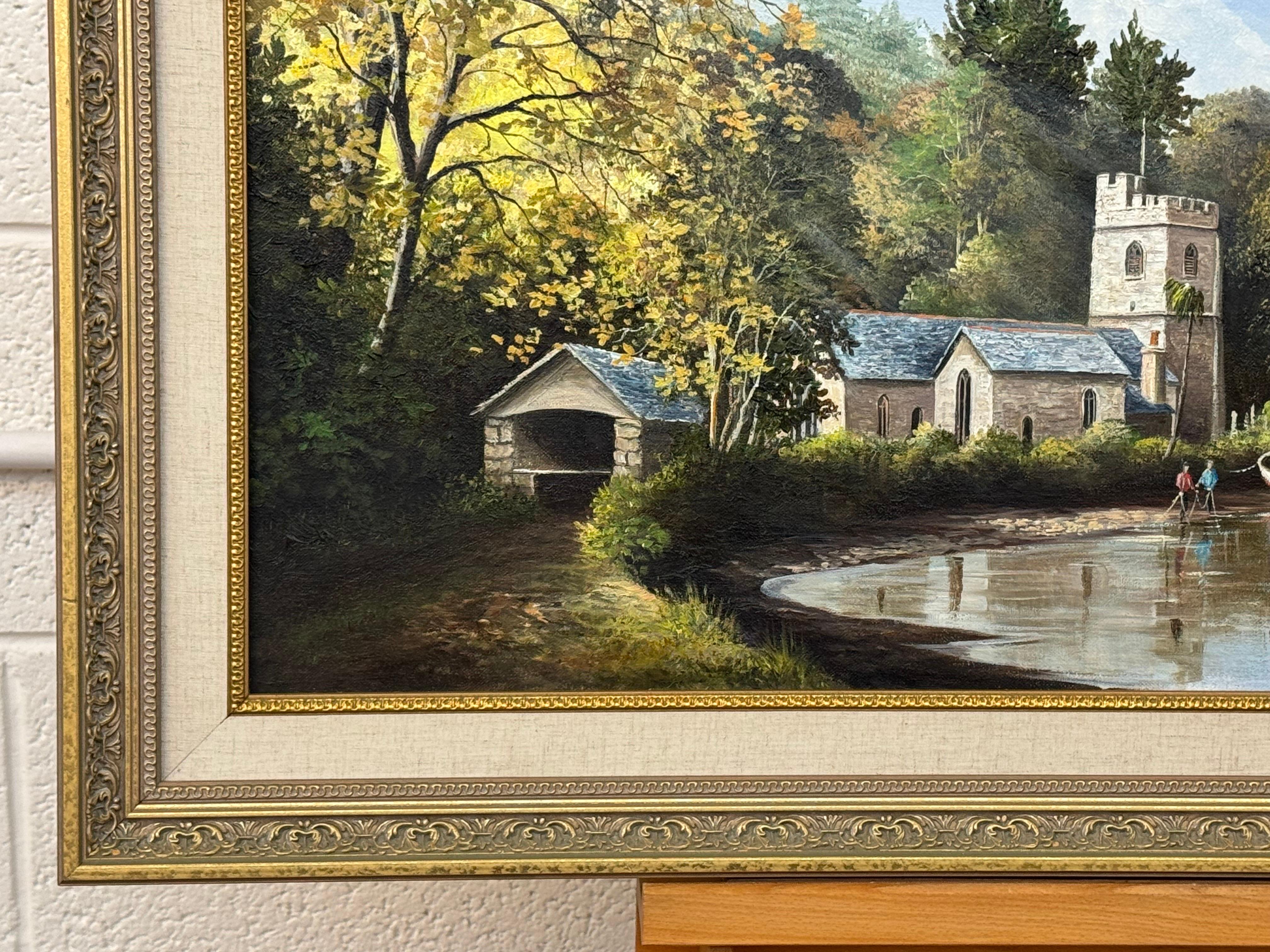 Pintura de Iglesia en Cornualles, en la costa sur inglesa, con figuras y barcos en venta 1