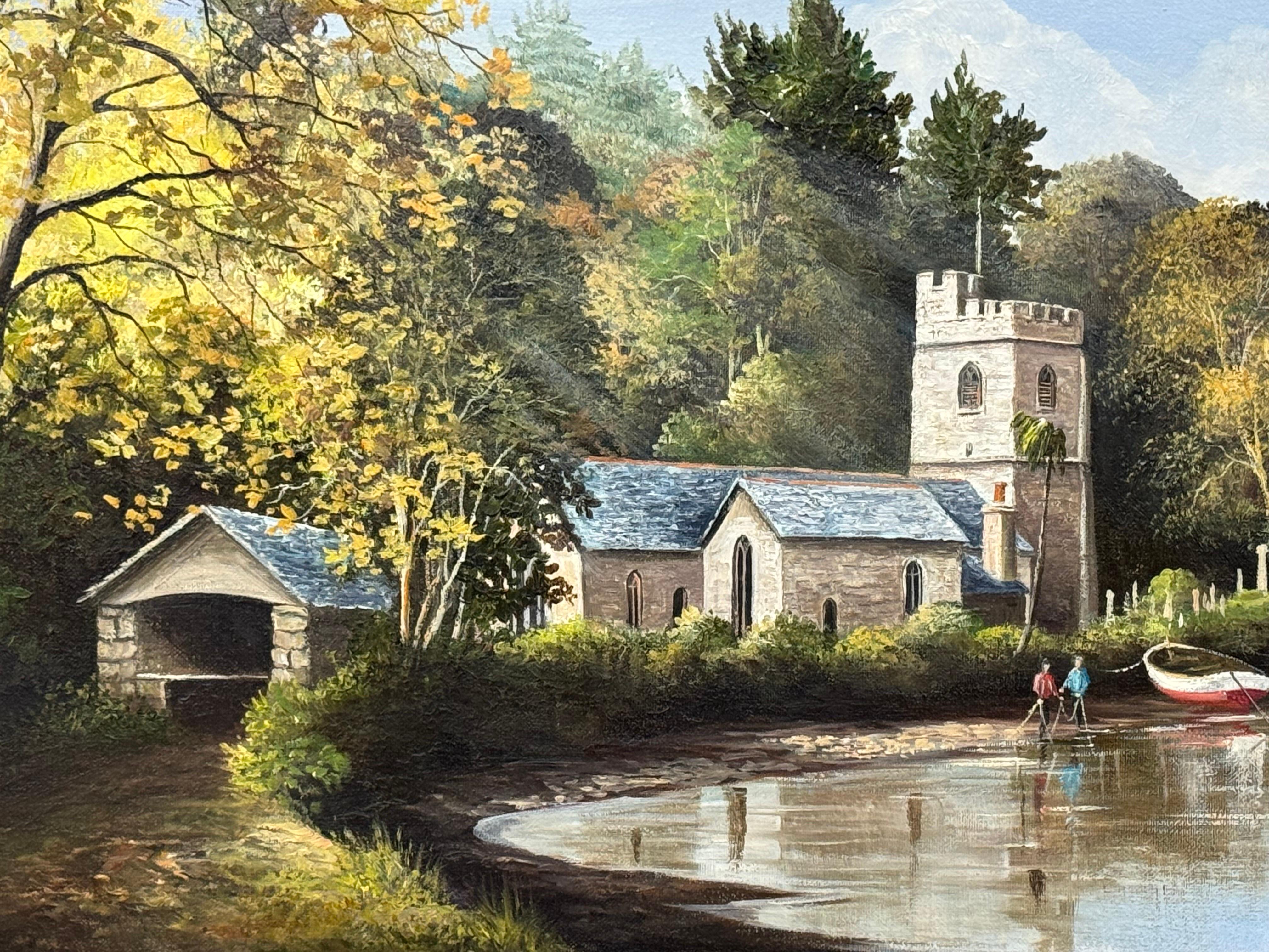 Pintura de Iglesia en Cornualles, en la costa sur inglesa, con figuras y barcos en venta 3