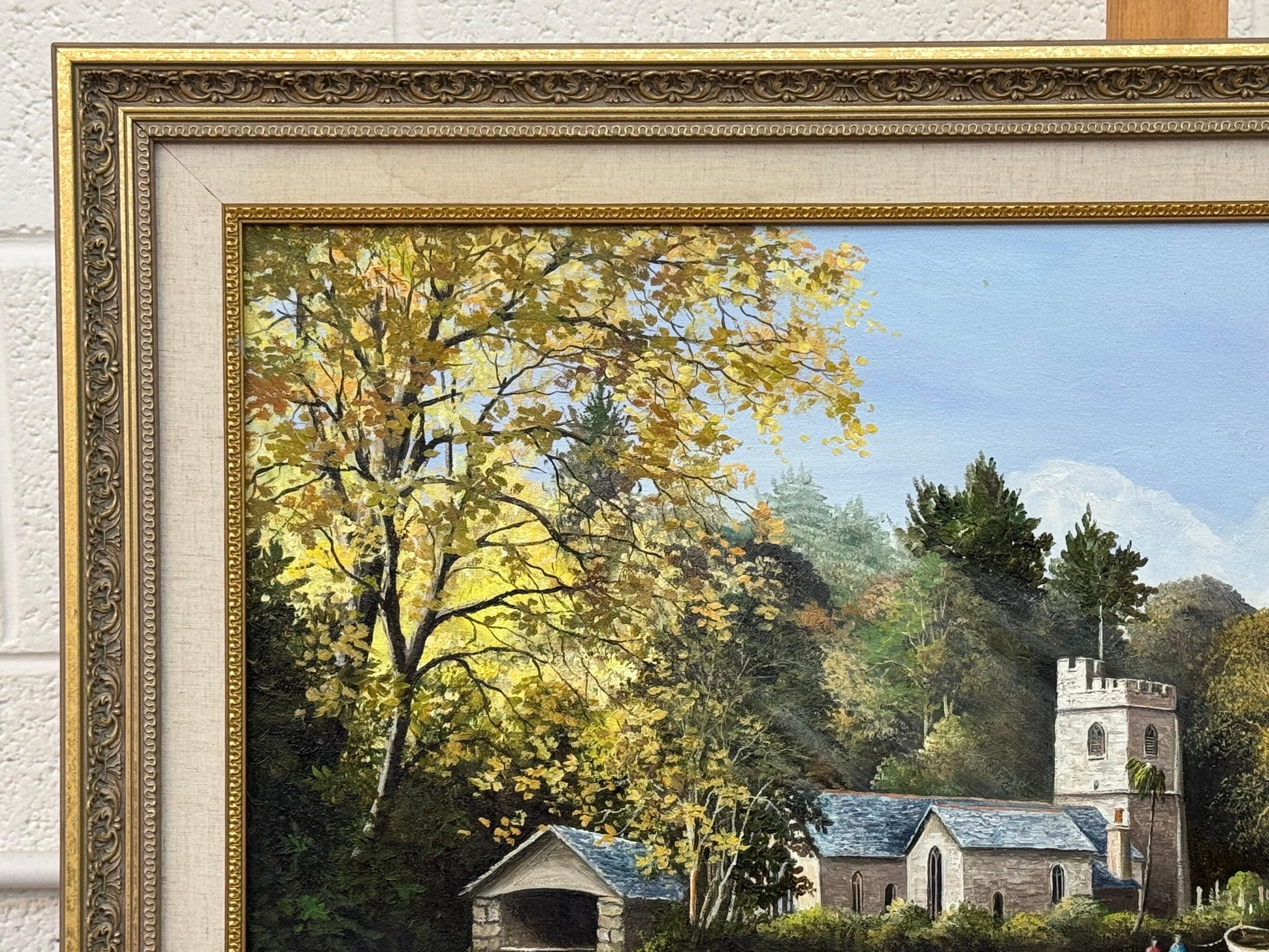 Pintura de Iglesia en Cornualles, en la costa sur inglesa, con figuras y barcos en venta 4