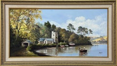 Painting of Church in Cornwall on the English South Coast with Figures & Boats