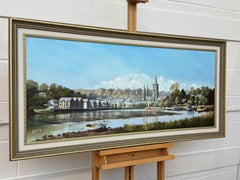 Painting of Figures & Boats on Truro Harbour with Cathedral by British Artist