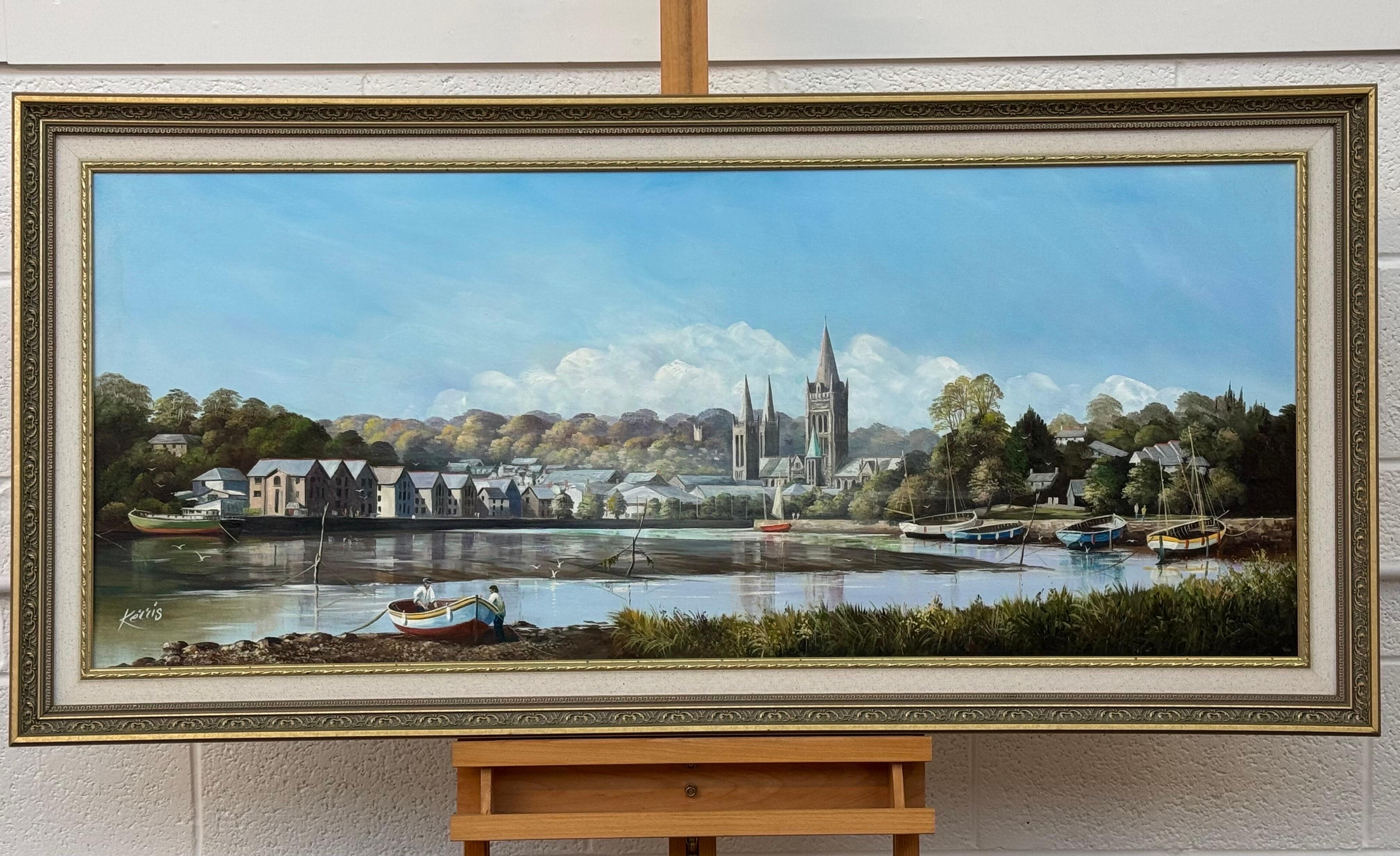 Pintura de Figuras y Barcos en el Puerto de Truro con la Catedral por un Artista Británico - Painting Realista de Michael Kerris