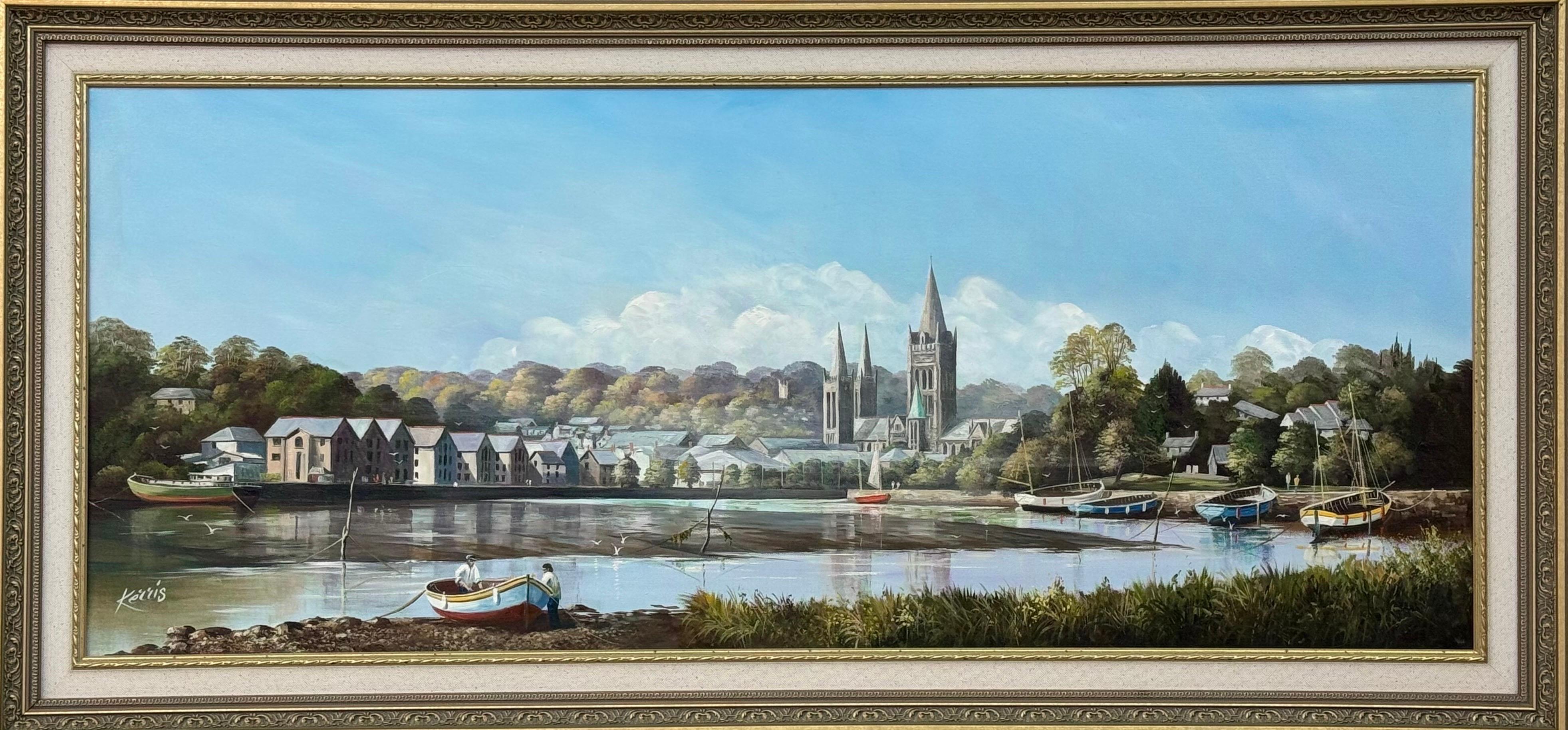 Painting of Figures & Boats on Truro Harbour with Cathedral by British Artist