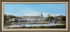 Painting of Figures & Boats on Truro Harbour with Cathedral by British Artist